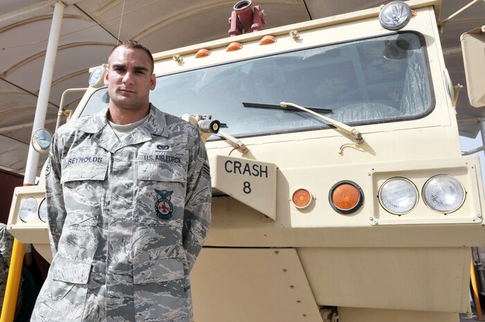 Senior Airman Joshua Reynolds is a fire protection journeyman with the 380th Expeditionary Civil Engineer Squadron's Fire Department at a non-disclosed base in Southwest Asia. Here he is pictured at his deployed fire station on June 2, 2010. As an emergency responder, Airman Malcolm and his fellow firefighters are responsible for protecting billions of dollars of Air Force assets and personnel for the 380th Air Expeditionary Wing from fire. He is deployed from the 628th Civil Engineer Squadron at Joint Base Charleston, S.C., and his hometown is Schertz, Texas. (U.S. Air Force Photo/Master Sgt. Scott T. Sturkol/Released)