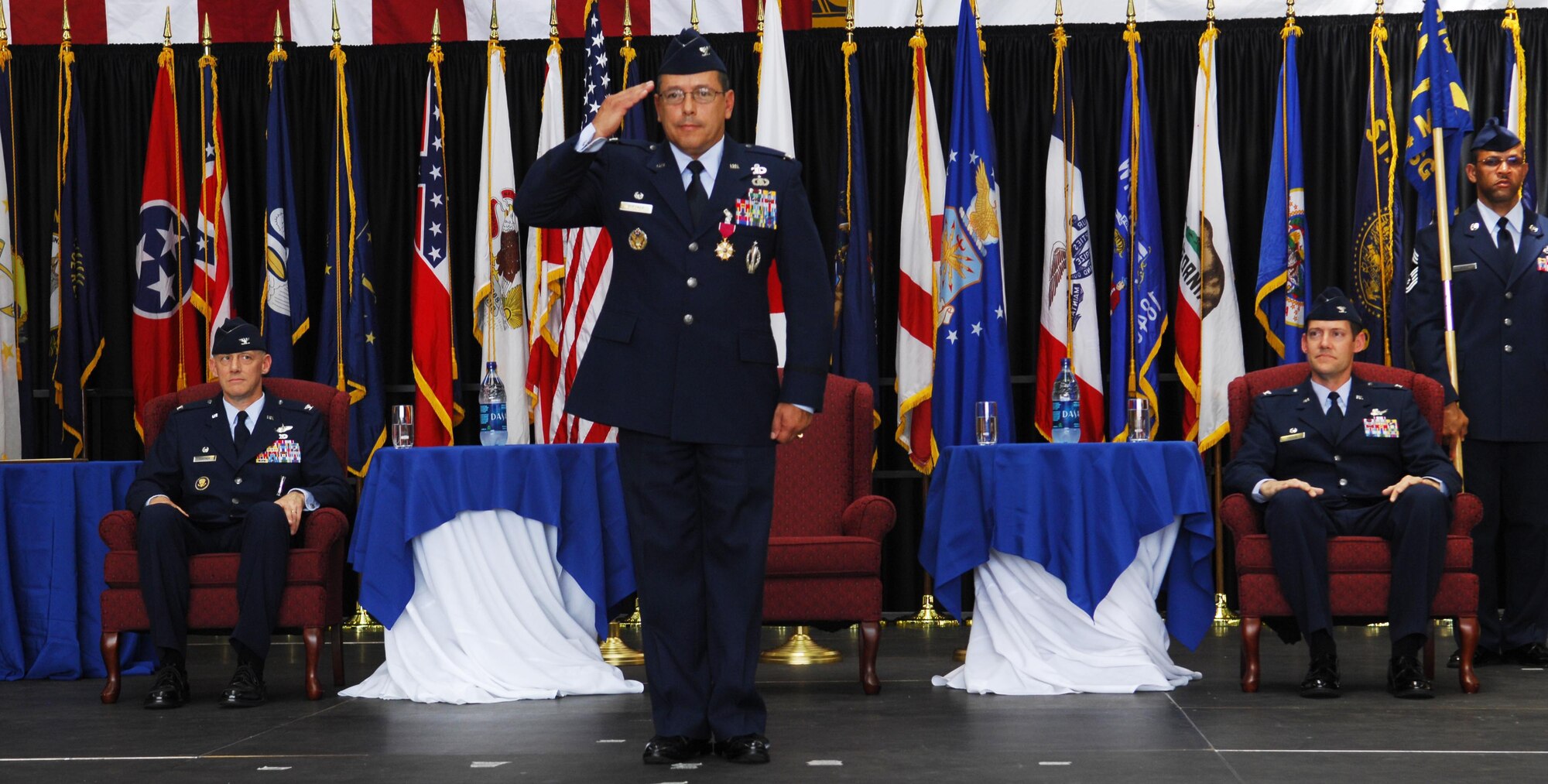 YOKOTA AIR BASE, Japan -- Col. Rafael Quezada, 374th Mission Support Group commander, renders the final salute to his group during the 374th MSG change of command June 7. Colonel Quezada leaves the 374 MSG in the capable hands of Col. Todd Freece, and will be heading to the Pentagon where he will serve as the Head of Aviation Integration. (U.S Air Force photo/ Staff Sgt. Stacy Moless)