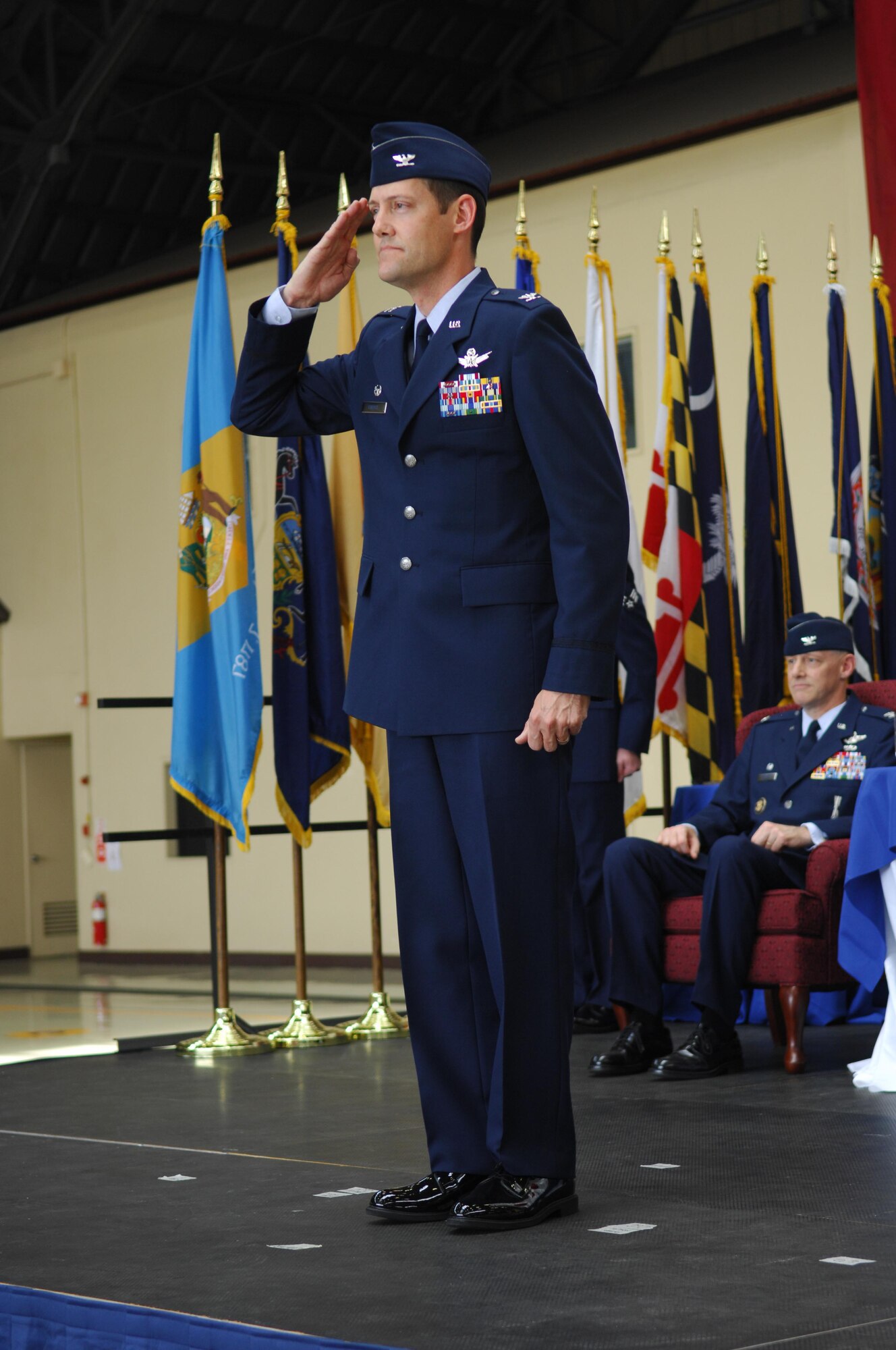 YOKOTA AIR BASE, Japan -- Col. Todd Freece, 374th Mission Support Group commander, renders his first salute during the 374th MSG change of command June 7. Colonel Freece comes to Yokota from Hickam Air Force Base, Hawaii, where he served as the vice commander of the 613th Air and Space Operations Center. (U.S. Air Force photo/ Staff Sgt Stacy Moless)