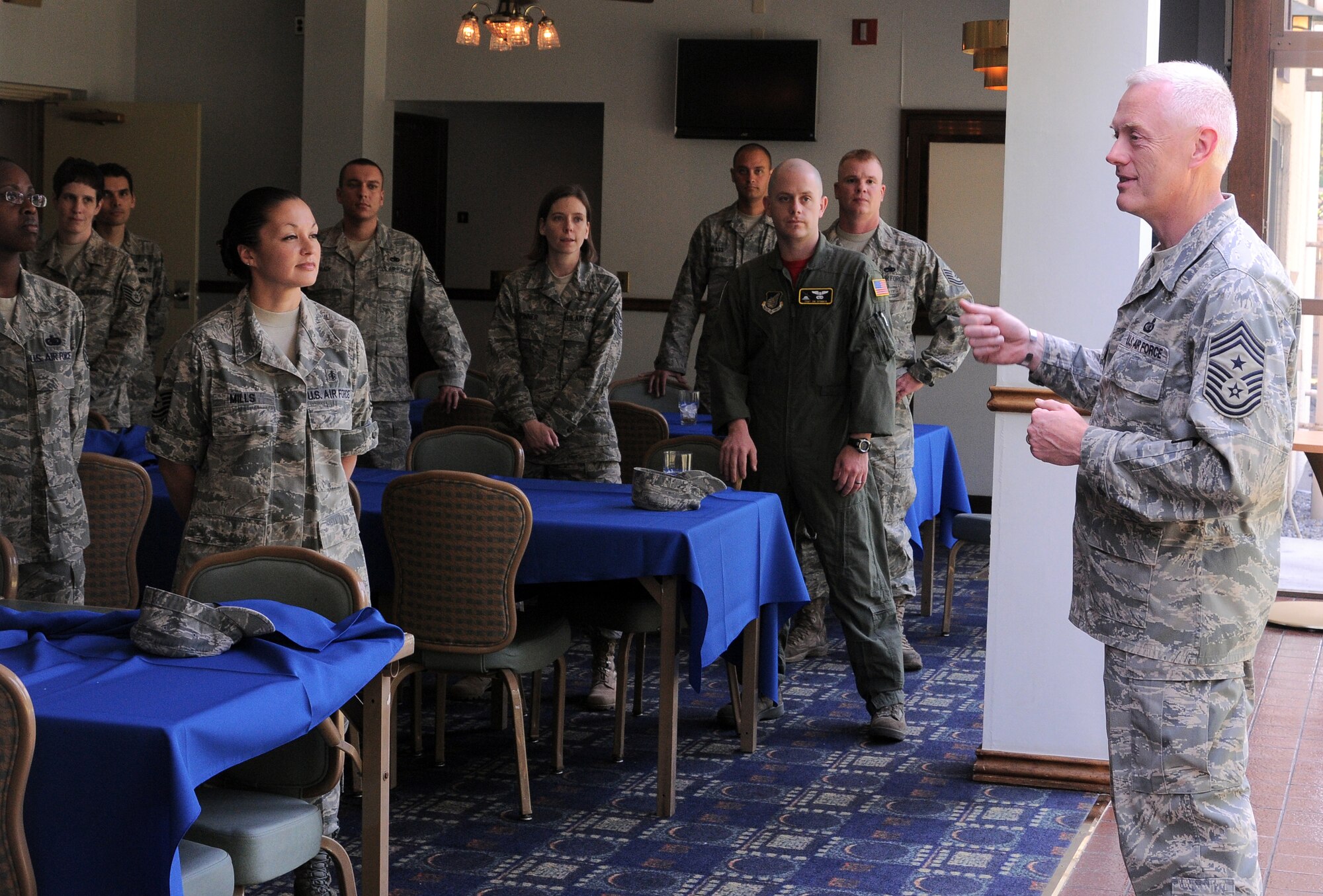 YOKOTA AIR BASE, Japan-- Chief Master Sgt Richard Kaiser, US Forces Japan and 5th Air Force command chief, thanks the newly selected Master Sergeants for all of their hard work before  a social held at the Enlisted Club here June 4. Forty-one Yokota technical sergeants were among the 5,424 selected May 28 for promotion to master sergeant. (U.S. Air Force Photo/ Airman 1st Class Katrina R. Menchaca)