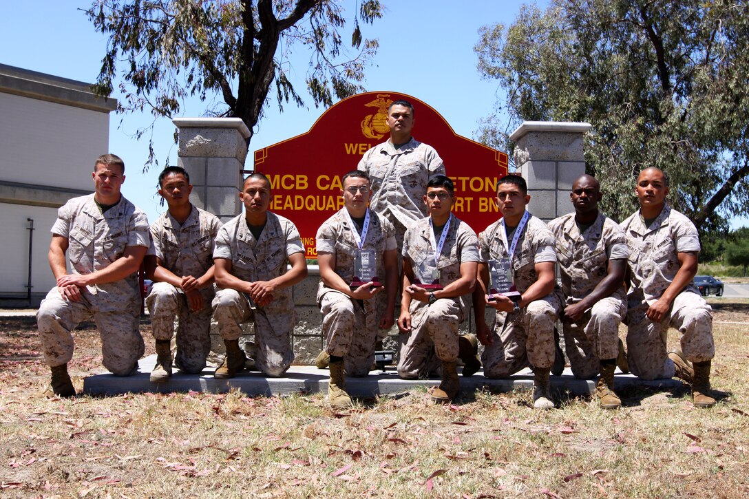 (Left to right) Cpl. Aaron J. White, Lance Cpl. Jelomie Agpaoa, Lance Cpl. Anibal Villarreal, Cpl. Joseph D. Roman, Gunnery Sgt. Dale D. Dune, Cpl. Jose G. Mendoza, Cpl. Cesar A. Beattie, Cpl. Jerrell E. Chance, Lance Cpl. Ronnie Gonzalez, all with Alpha Company, Headquarters and Support Battalion, Marine Corps Base Camp Pendleton, were recognized of the 2010 Bridgeport 10K Challenge, at Marine Corps Mountain Warfare Training Center in Bridgeport, Calif., May 22. The Marines were separated into three, three-man teams and took first, second and third place. The race encompassed a 10K off-road run, with the first four kilometers up a steep climb known as “Heart-Attack Hill,” followed by events along the way, such as a tire course, a five-foot wall climb, and low crawl through a tunnel.