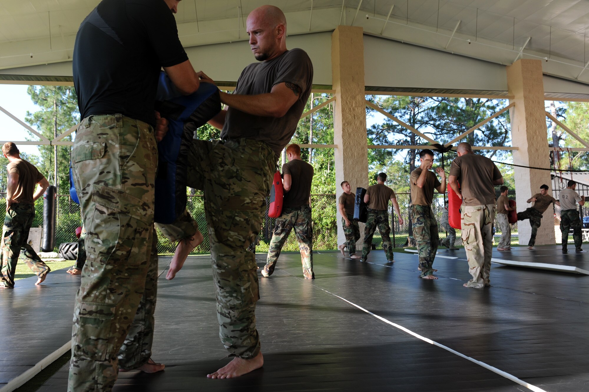 Airmen from the Special Tactics Training Squadron receive a combative class taught by Ultimate Fighting Championship Middleweight Alan Belcher June 8, 2010, at Hurlburt Field, Fla. (U.S. Air Force photo/Staff Sgt. Desiree N. Palacios)
