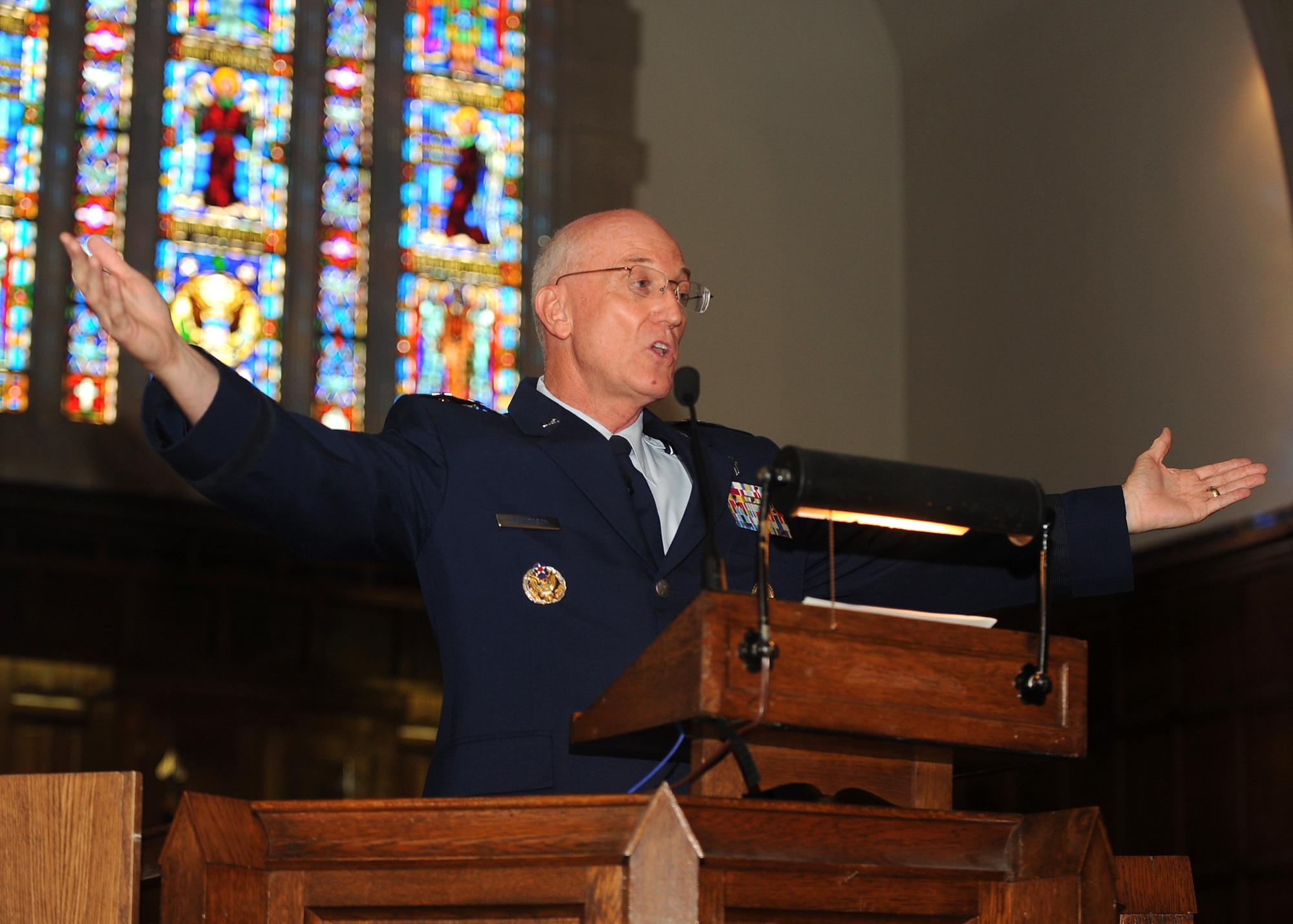LANGLEY AIR FORCE BASE, Va. -- Chaplain (Maj. Gen.) Cecil Richardson, the Air Force chief of chaplains, speaks to guests during the Langley Chapel’s 75th anniversary service June 6. The chaplain delivered a powerful sermon, challenging listeners to support one another through times of tribulation. (U.S. Air Force photo/Senior Airman Gul Crockett)