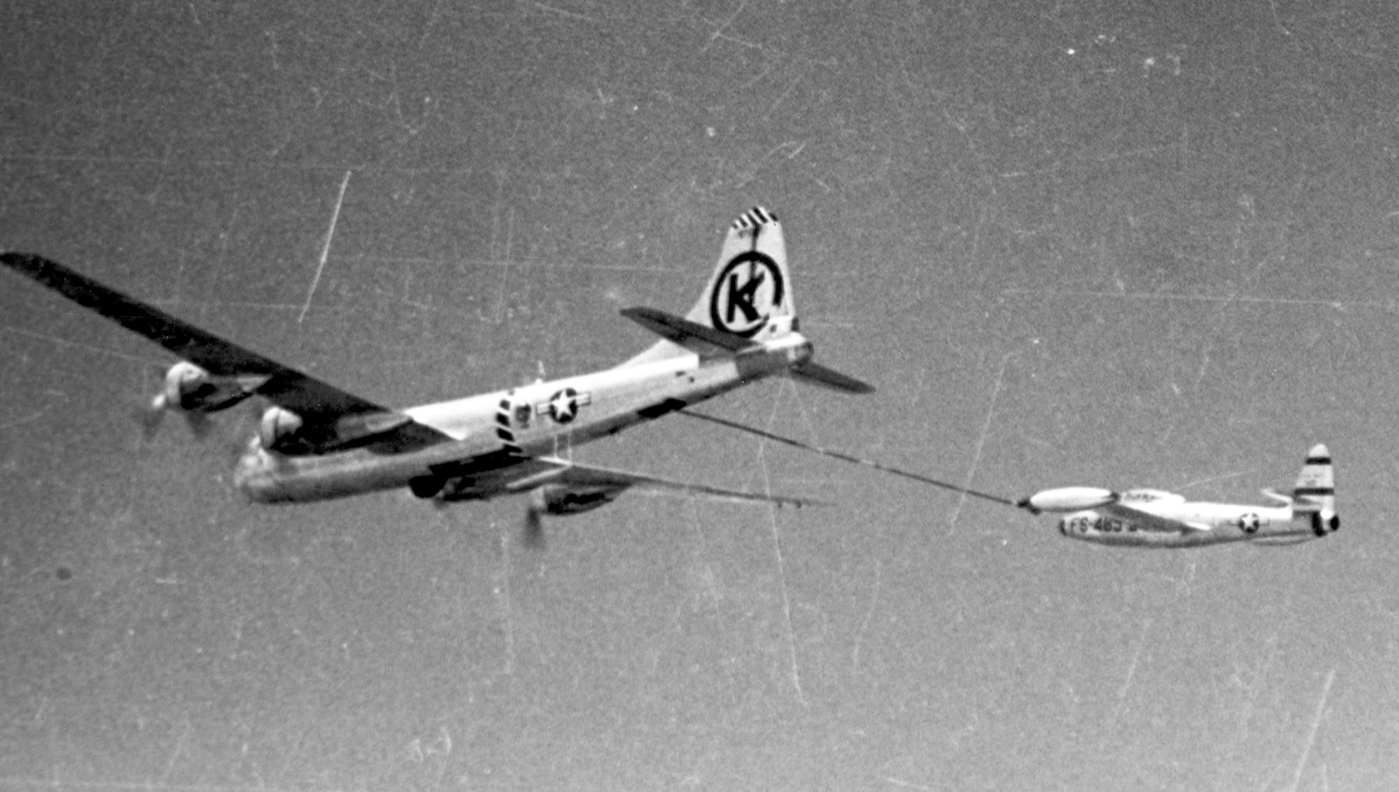 OPERATION HIGH TIDE, which saw the first aerial refueled strike missions, began in May 1952 when twelve F-84Es flew non-stop from Japan to bomb targets in North Korea. In the same year, aerial refueled FOX PETER operations began flying F-84s non-stop across the Pacific. (U.S. Air Force photo)