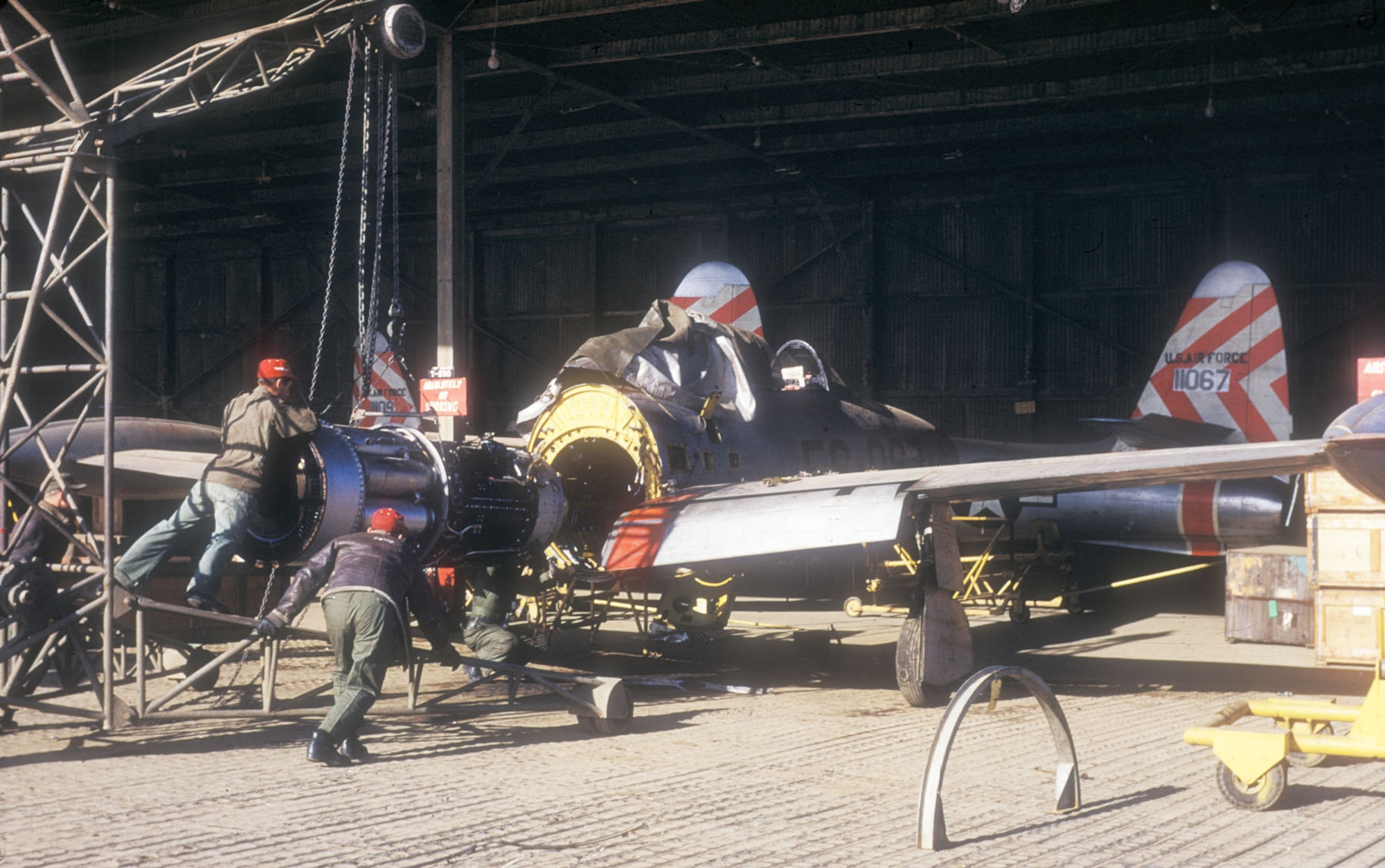 Engine change on an F-84 at Taegu airfield. (U.S. Air Force photo)