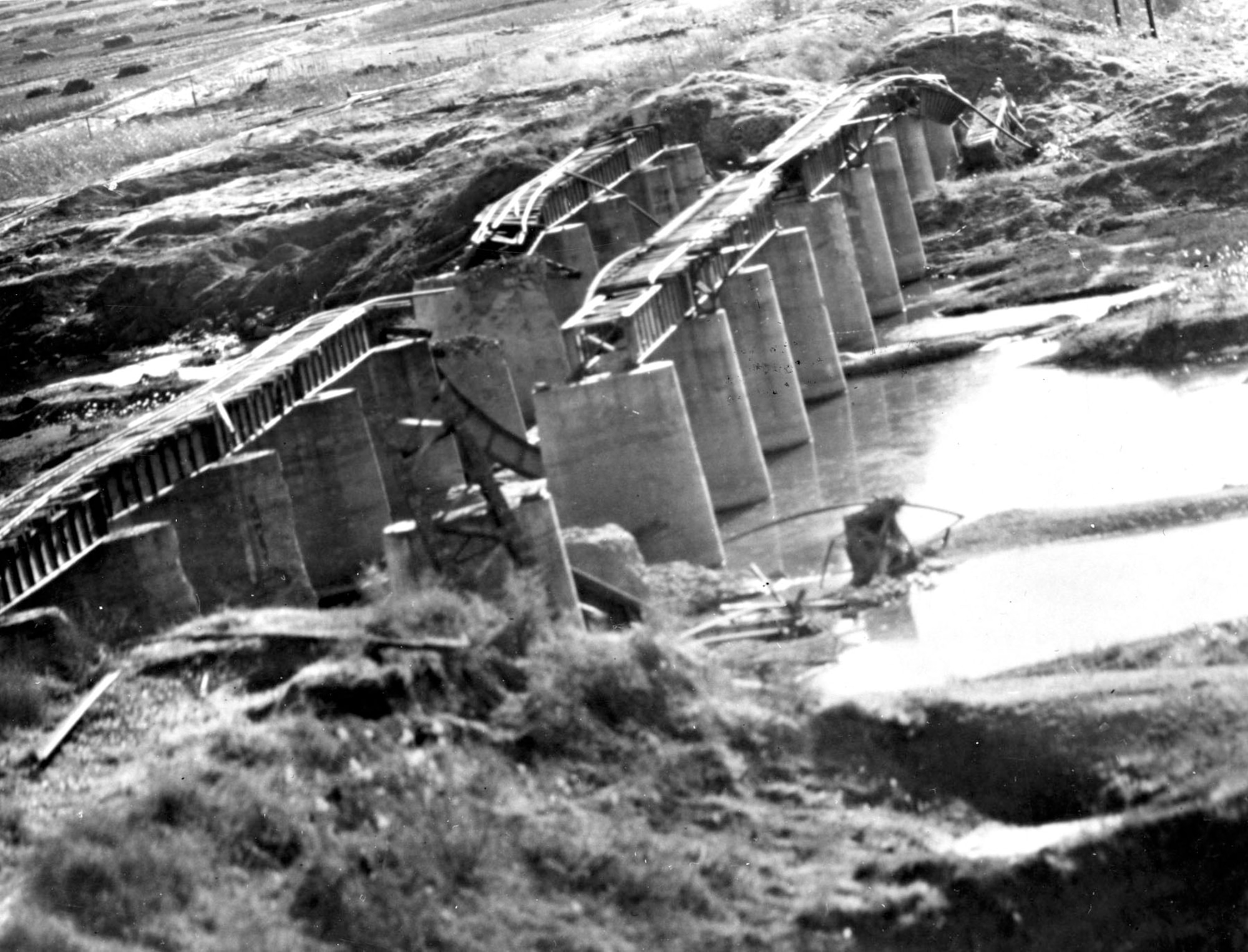 USAF light bombers destroyed this railroad bridge north of Pyongyang, North Korea. (U.S. Air Force photo)