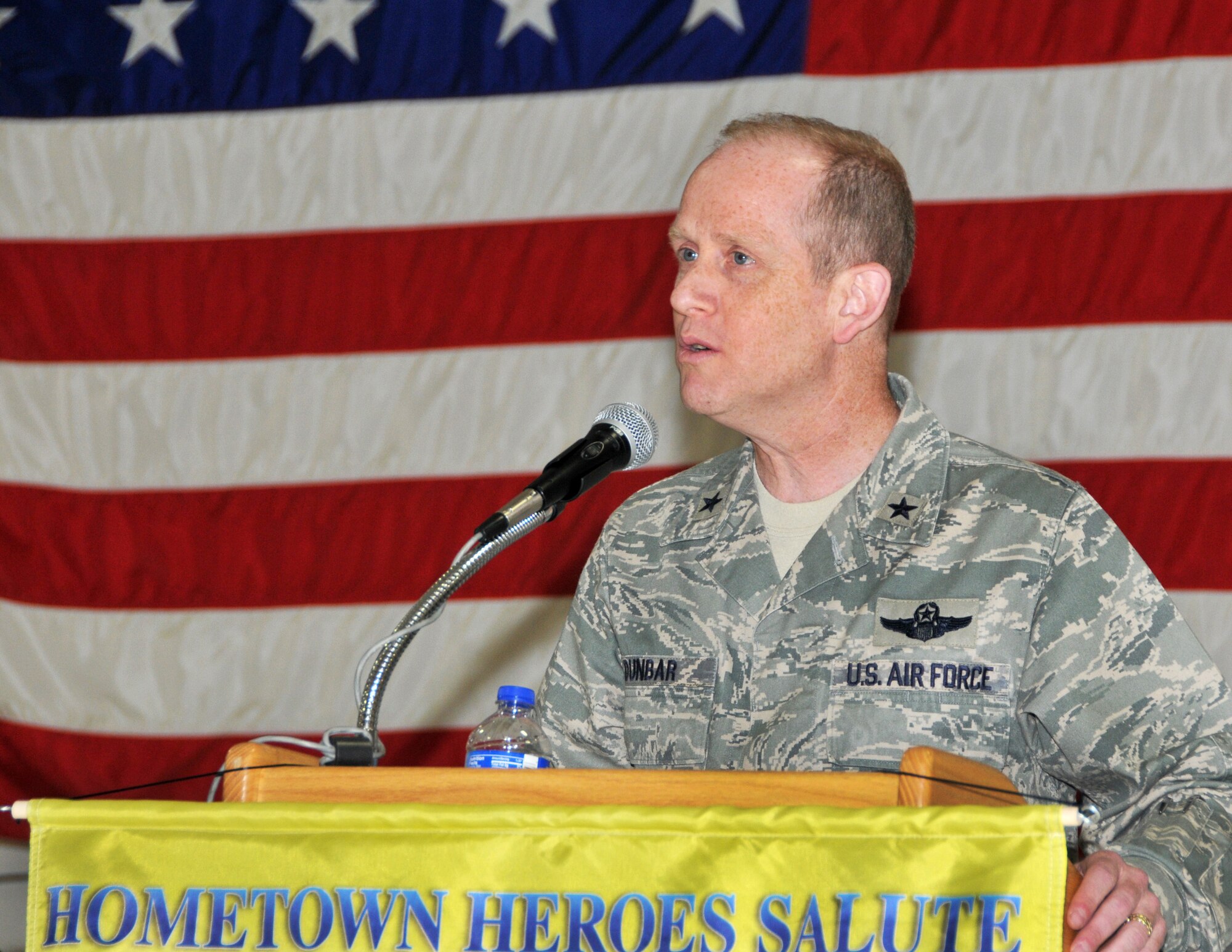 Brig. Gen. Don Dunbar, Adjutant General of Wisconsin, speaks to Airmen and family members of the 128th Air Control Squadron and Combat Readiness Training Center during the Hometown Heroes Celebration at Volk Field May 1. The ceremony paid tribute to more than 150 Airmen who have deployed around the globe in support of the war on terror since Sept. 11, 2001. Wisconsin National Guard photo by Tech. Sgt. Jon LaDue


