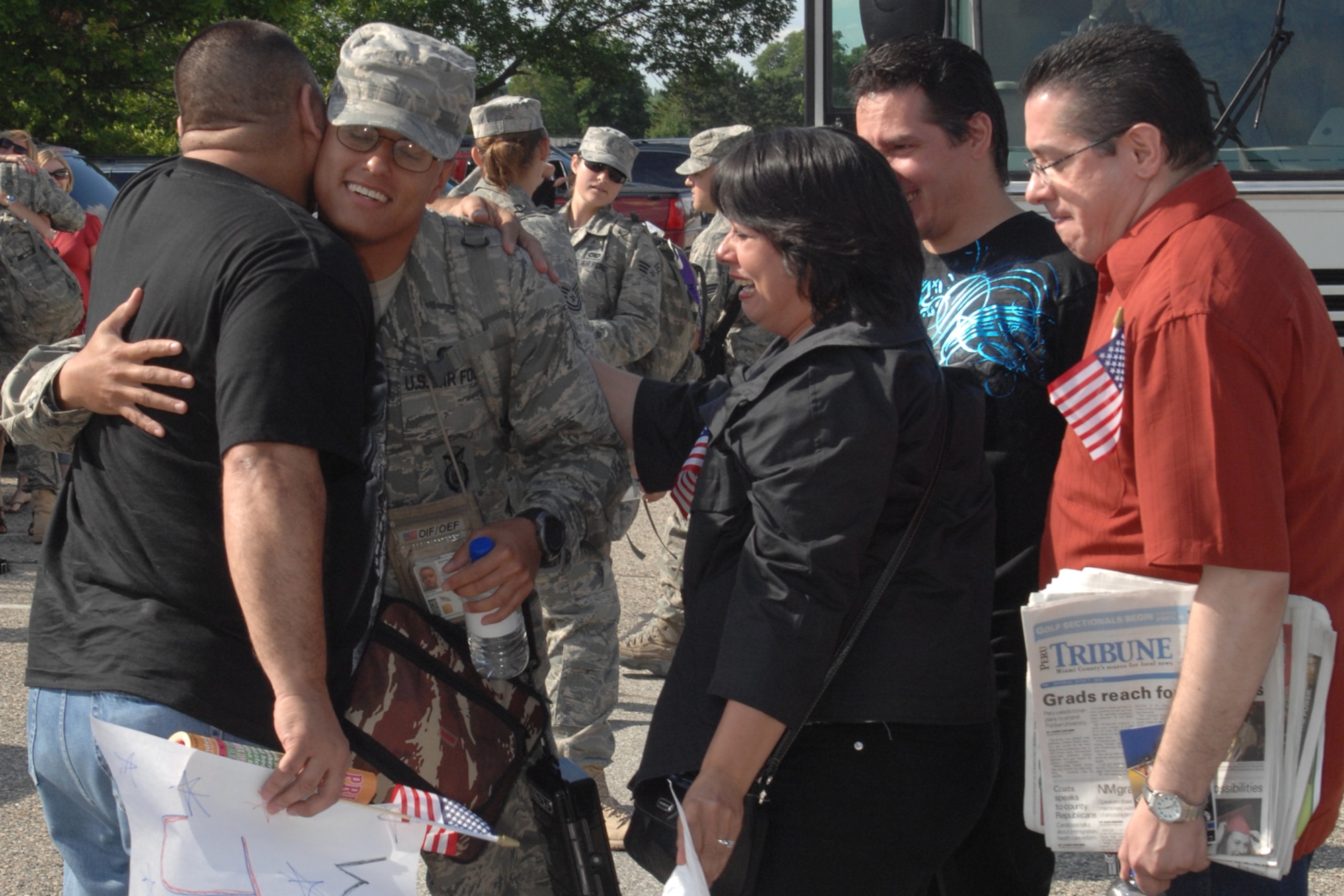GRISSOM AIR RESERVE BASE, Ind. -- Senior Airman Julian Torres, a fire team member with the 434th Security Forces Squadron, is greeted upon his return to Grissom. Airman Torres and other members of the 434th SFS returned from a six-month deployment to Kirkuk, Iraq on Monday. (U.S. Air Force photo/Tech. Sgt. Douglas Hays)