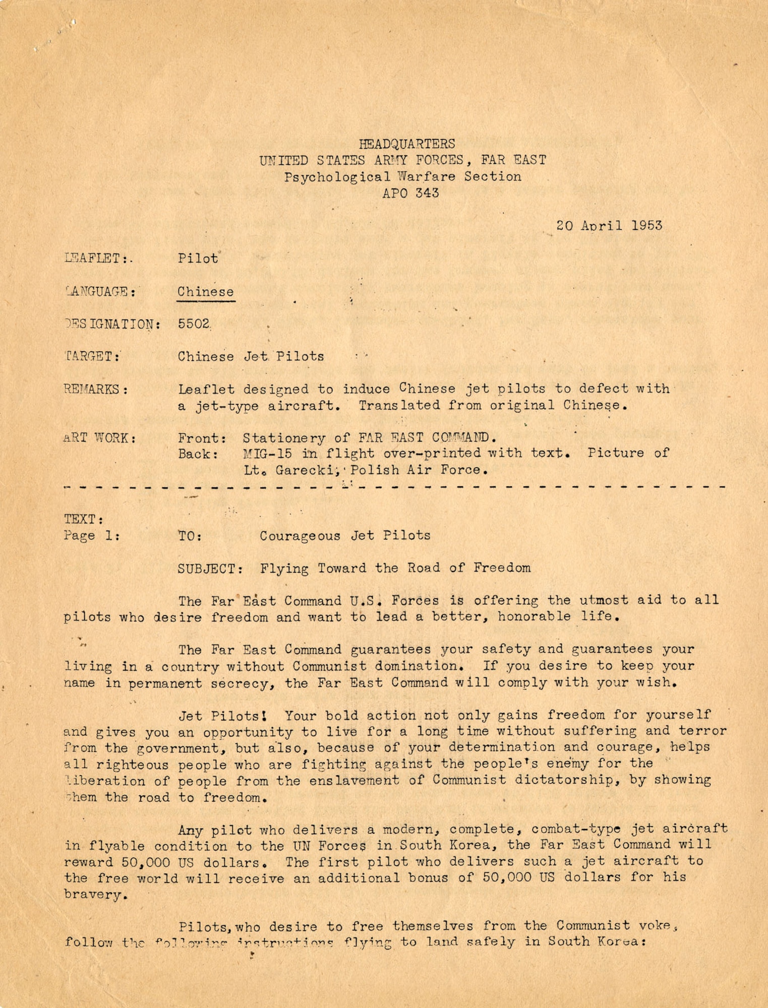 Copies of the memorandum that created the MiG reward leaflet. This memorandum explains why it was made and gives the English translation. (U.S. Air Force photo)