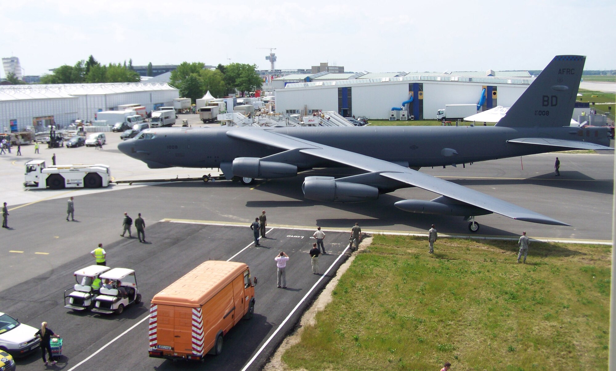 A B-52H Stratofortress from the 93rd Bomb Squadron, Barksdale Air Force Base, La., gets a tug through the parking area at the Berlin Air Show. This is the first Air Force Reserve Command unit has one of its bombers taking part in the international event, which runs June 8-13, 2010. (Courtesy photo)

