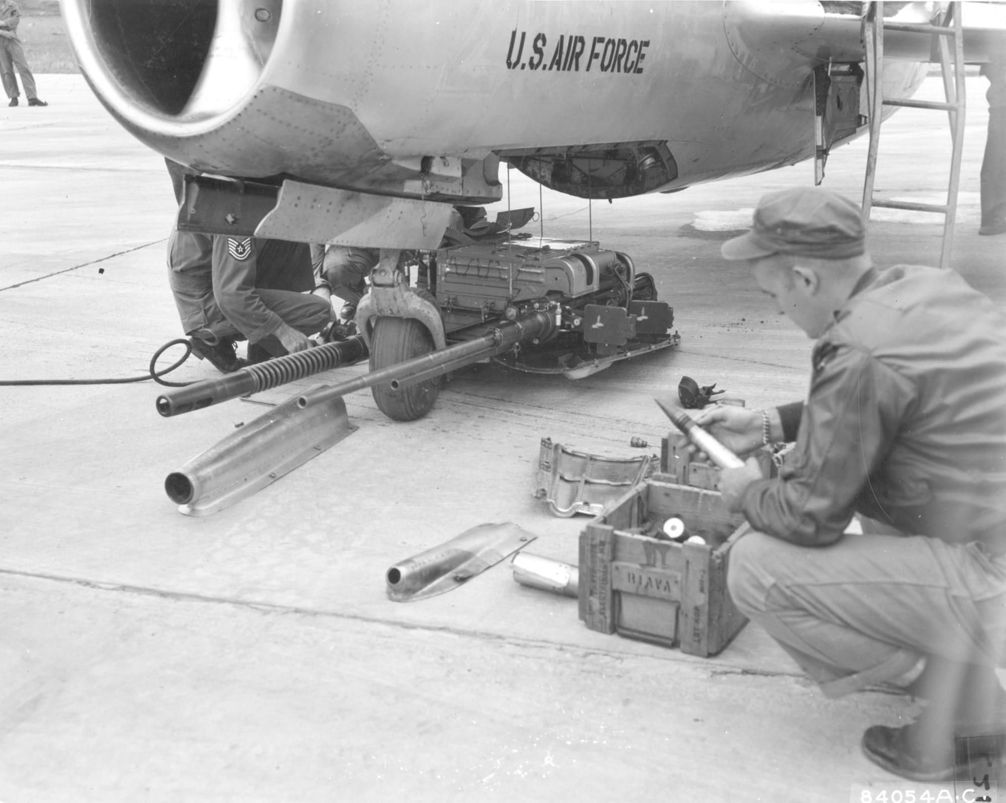 The MiG-15 had a unique system for mounting its three cannon on a section of the fuselage that could be lowered by four cables. This feature permitted rapid rearming and easier routine maintenance. The guns in this photo are on display at the National Museum of the U.S. Air Force. (U.S. Air Force photo)