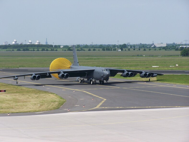 A B-52H Stratofortress from the 93rd Bomb Squadron, Barksdale Air Force Base, La., lands in Berlin for the annual Berlin Air Show June 8-13, 2010. Air Force Reserve Command officials say this is the first time a B-52 from the 917th Wing has taken part in the international event. (Courtesy photo)

