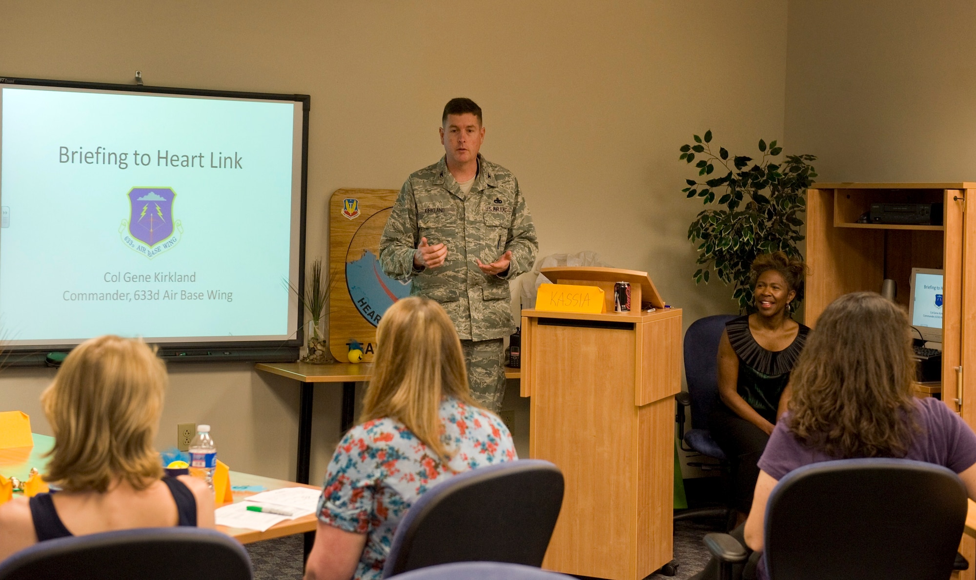 LANGLEY AIR FORCE BASE, Va. -- Col. Donald Kirkland, 633d Air Base Wing commander, speaks to guests during a HeartLink presentation at the Airman and Family Readiness Center June 4. The center provides assistance before, during and after deployments for families of deployed Airmen. (U.S. Air Force photo/Senior Airman Zachary Wolf)