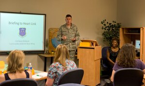LANGLEY AIR FORCE BASE, Va. -- Col. Donald Kirkland, 633d Air Base Wing commander, speaks to guests during a HeartLink presentation at the Airman and Family Readiness Center June 4. The center provides assistance before, during and after deployments for families of deployed Airmen. (U.S. Air Force photo/Senior Airman Zachary Wolf)