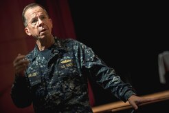 Navy Adm. Mike Mullen, chairman of the Joint Chiefs of Staff, addresses service members to provide guidance on changes occurring within the Department of Defense during an all hands call at Joint Base Charleston, S.C., June 3, 2010. (DoD photo by Mass Communication Specialist Chad J. McNeeley/Released)