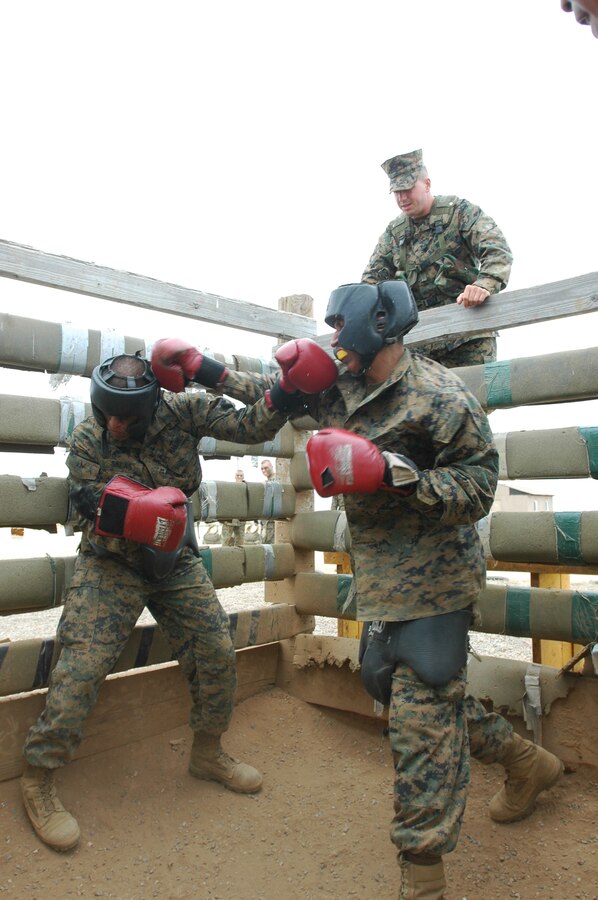 Recruits of Platoon 3215, Shane Salas, left, and Anthony Whitmore, right, take advantage of one another’s openings and race to strike first during their one minute match of body sparring during the Crucible.