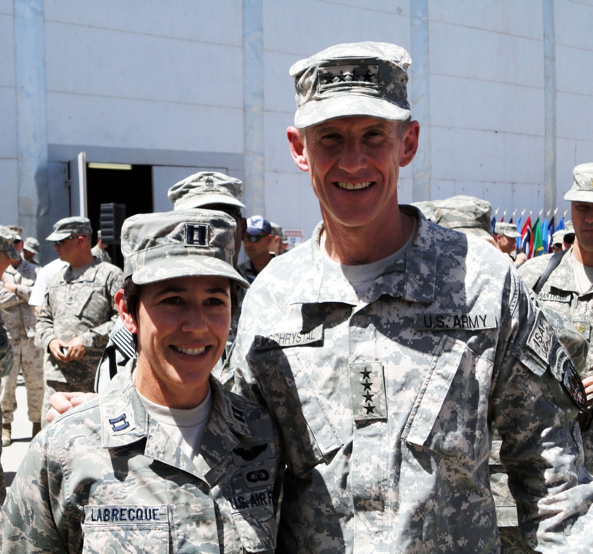 While deployed in support of the 755th Air Expeditionary Group, Bagram Air Base, Afghanistan, Capt. Susan Labrecque got the chance of a lifetime, to meet Gen. Stanley McChrystal. The general is the commander of U.S. Forces Afghanistan. The captain is deployed from the 349th Air Mobility Wing here, where she is on the executive staff for Commander, Col. Jay Flournoy. (Courtesy photo)                               