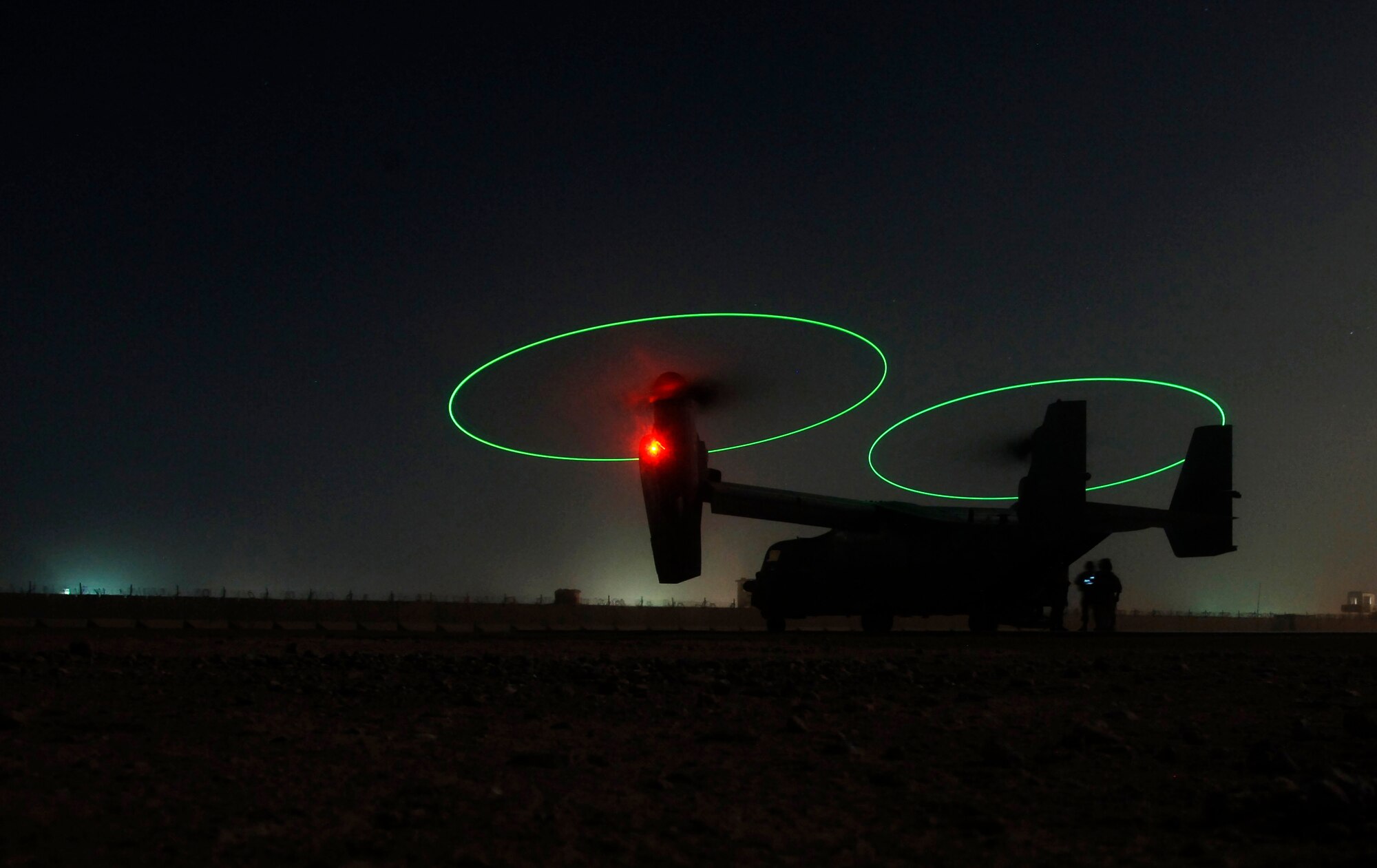 A U.S. Air Force CV-22 Osprey from the 8th Special Operations Squadron, Air Force Special Operations Command, Hurlburt Field, Fla., flies a night mission in support of Operation Enduring Freedom, Afghanistan on April 28, 2010. (U.S. Army photo)(Released)