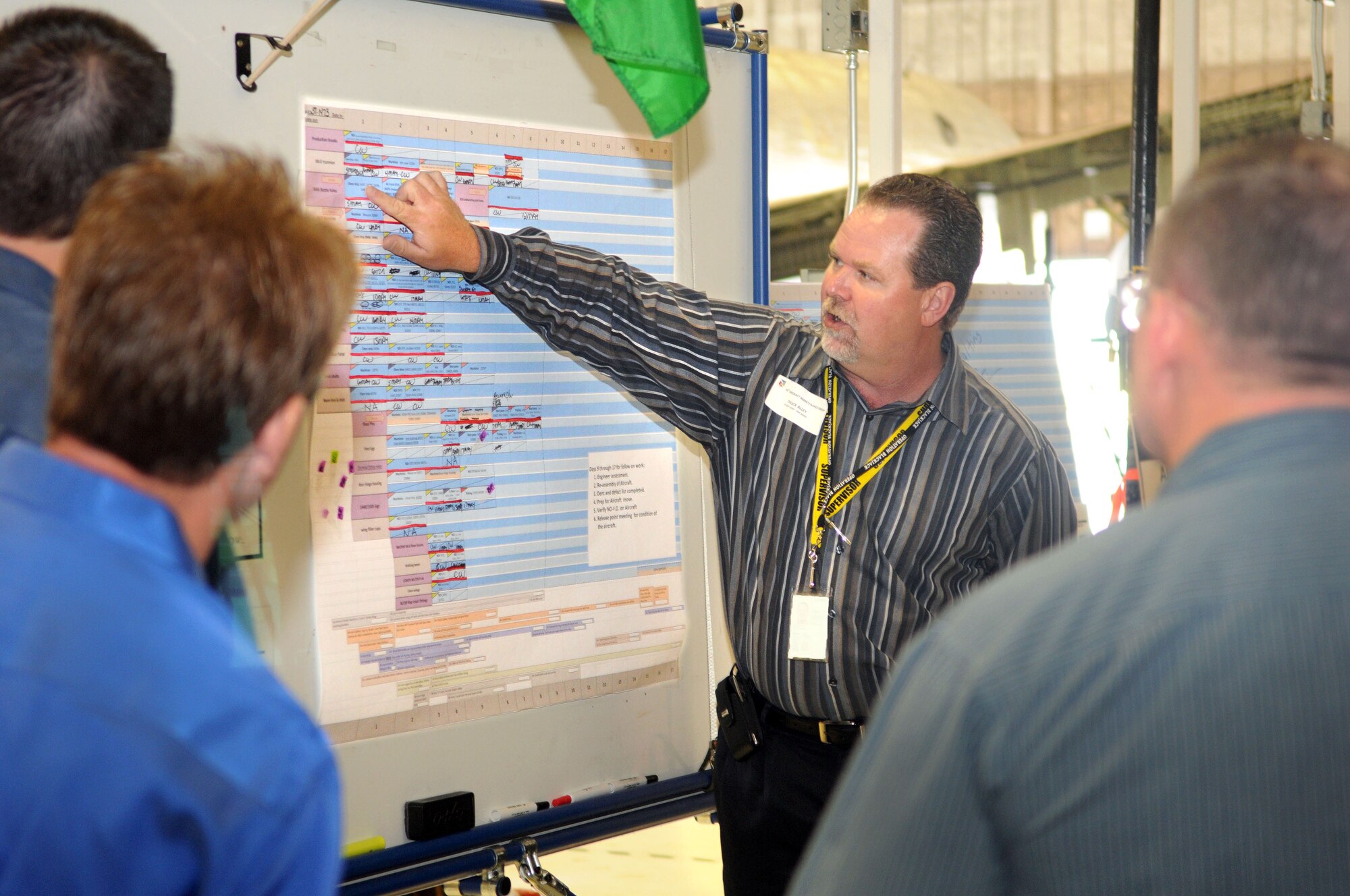 Chuck Alley, 564th Aircraft Maintenance Squadron production flight chief, talks to automobile collision industry experts May 18 at Tinker AFB, Okla. Throughout the day, the experts worked with the 76th Aircraft Maintenance Group to discuss better business practices. (U.S. Air Force photo/Dave Faytinger)