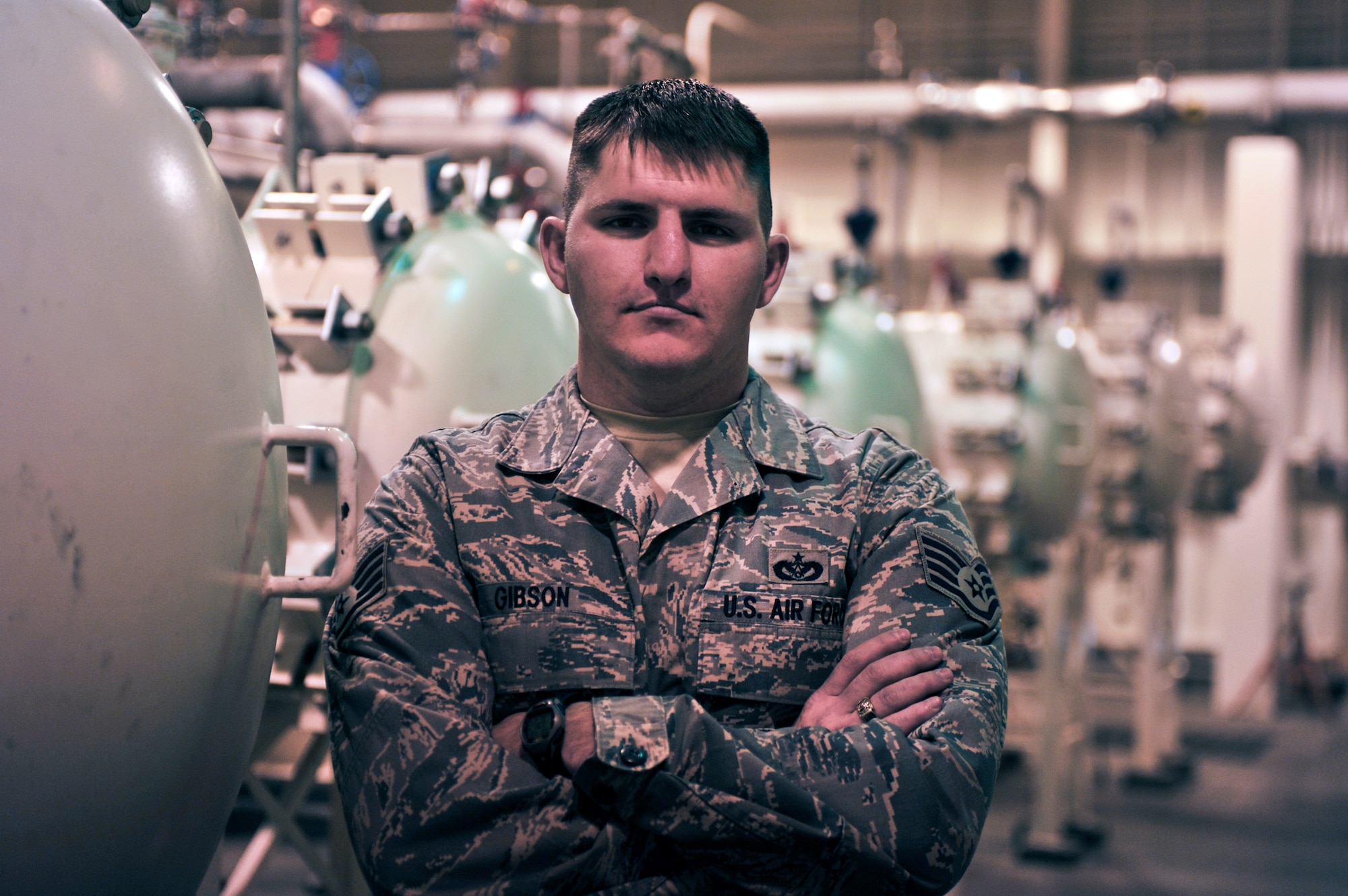 ELMENDORF AIR FORCE BASE, Alaska – Staff Sgt. Jacob Gibson is part of the 3rd Civil Engineer Squadron. He helps work on the storage units, tanks and pipelines that transport fuel. (Air Force photo by Airman 1st Class Christopher Gross)