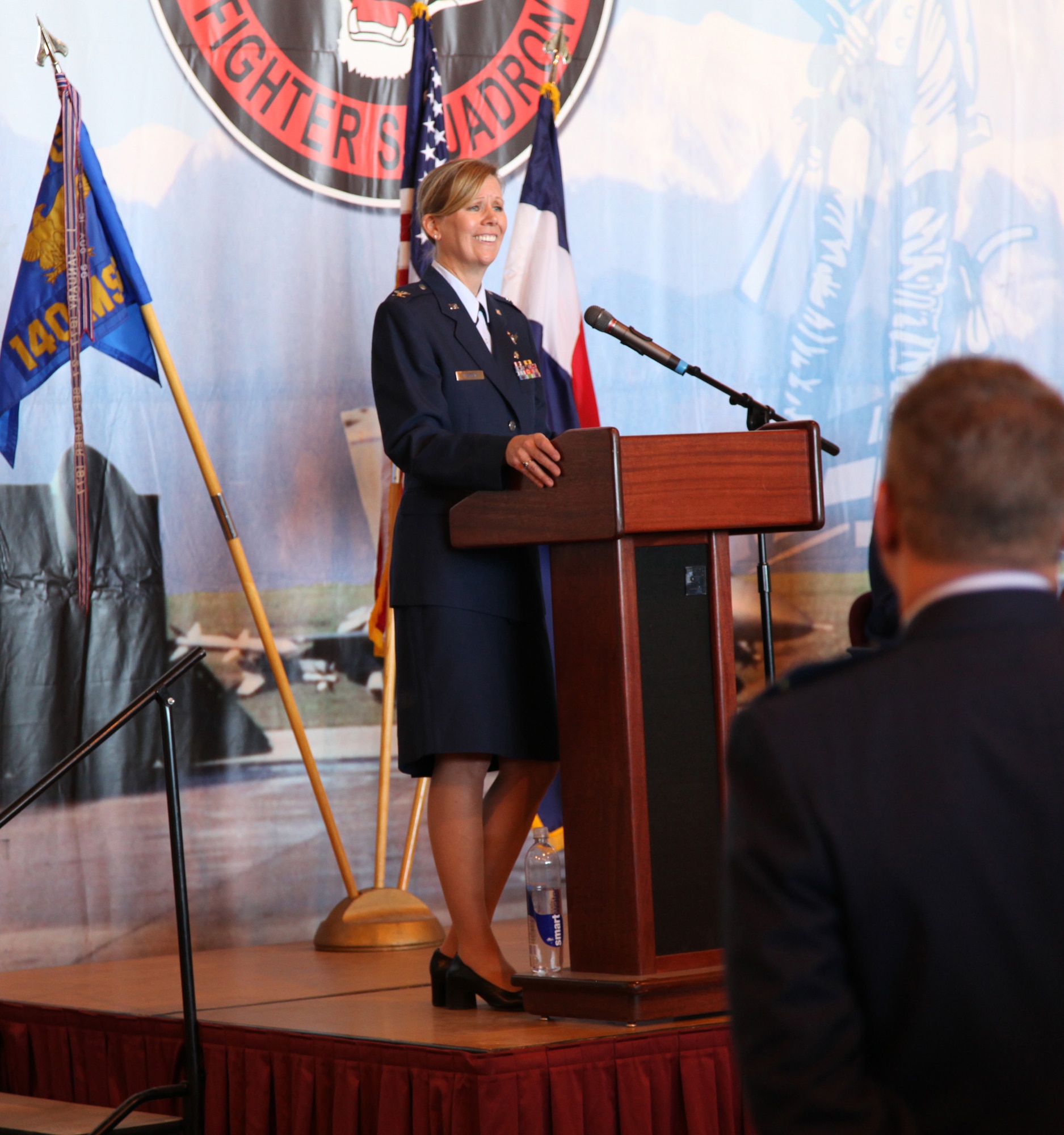 Colonel Barbara C. Morrow makes remarks after assuming command of the 140th Wing Mission Support Group, 140th Wing, Colorado Air National Guard at Buckley Air Force June 5.