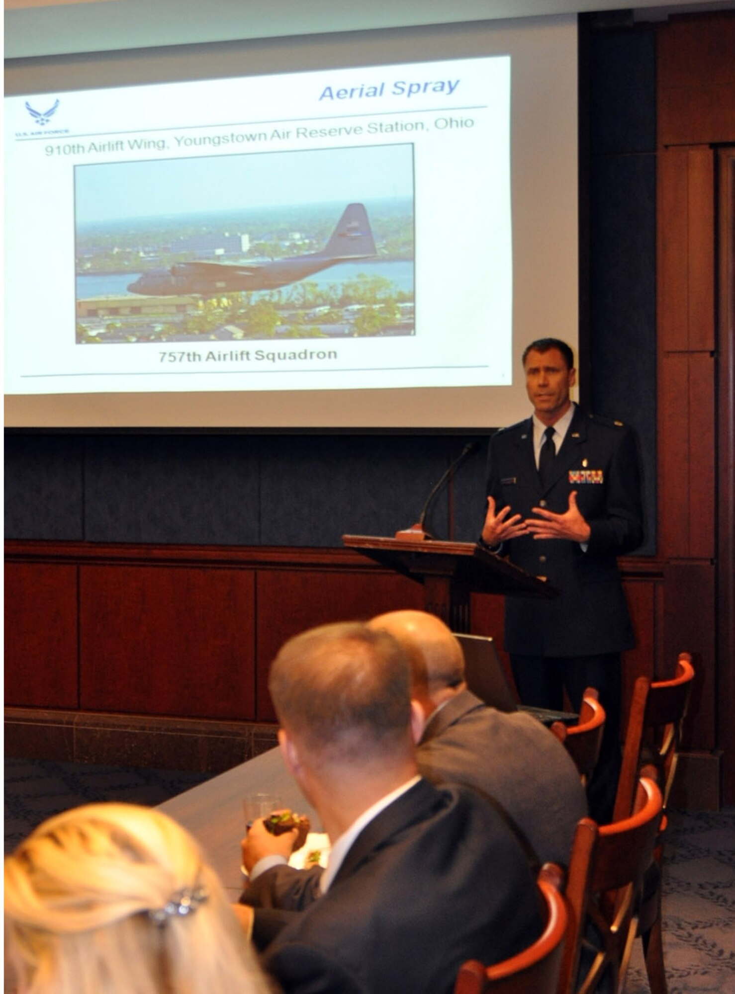 WASHINGTON, D.C. -- Air Force Reserve Maj. Mark Briedenbaugh, an entomologist assigned to the 910th Airlift Wing, based at Youngstown Air Reserve Station, Ohio, speaks to a group of Congressional staffers here, June 8, 2010. Major Briedenbaugh and a small team of Citizen Airmen from the 910th spoke to the group about the unit's aerial spray mission and the wing's recent operations in the Gulf of Mexico.  (U.S. Air Force photo/Master Sgt. Bob Barko Jr.) 