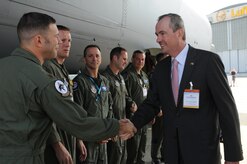 Philip Murphy, U.S. Ambassador to the Federal Republic of Germany, meets Air Force aircrew during the unveiling of the ILA 2010 Berlin International Aerospace Exhibition and Conferences Air Show June 8 at Berlin-Schoenefeld Airport. Approximately 90 U.S. military aircrew and support personnel from bases in Europe and continental U.S. are participating in the Berlin Air Show, one of the premier events of its type in the world. In addition, aircraft displays, such as B-1B Lancer, C-130J Hercules, C-17 Globemaster III, C-5 Galaxy, KC-135 Stratotanker and B-52 Stratofortress, are featured for public viewing. (U.S. Air Force photo/Staff Sgt. Julius Delos Reyes) 