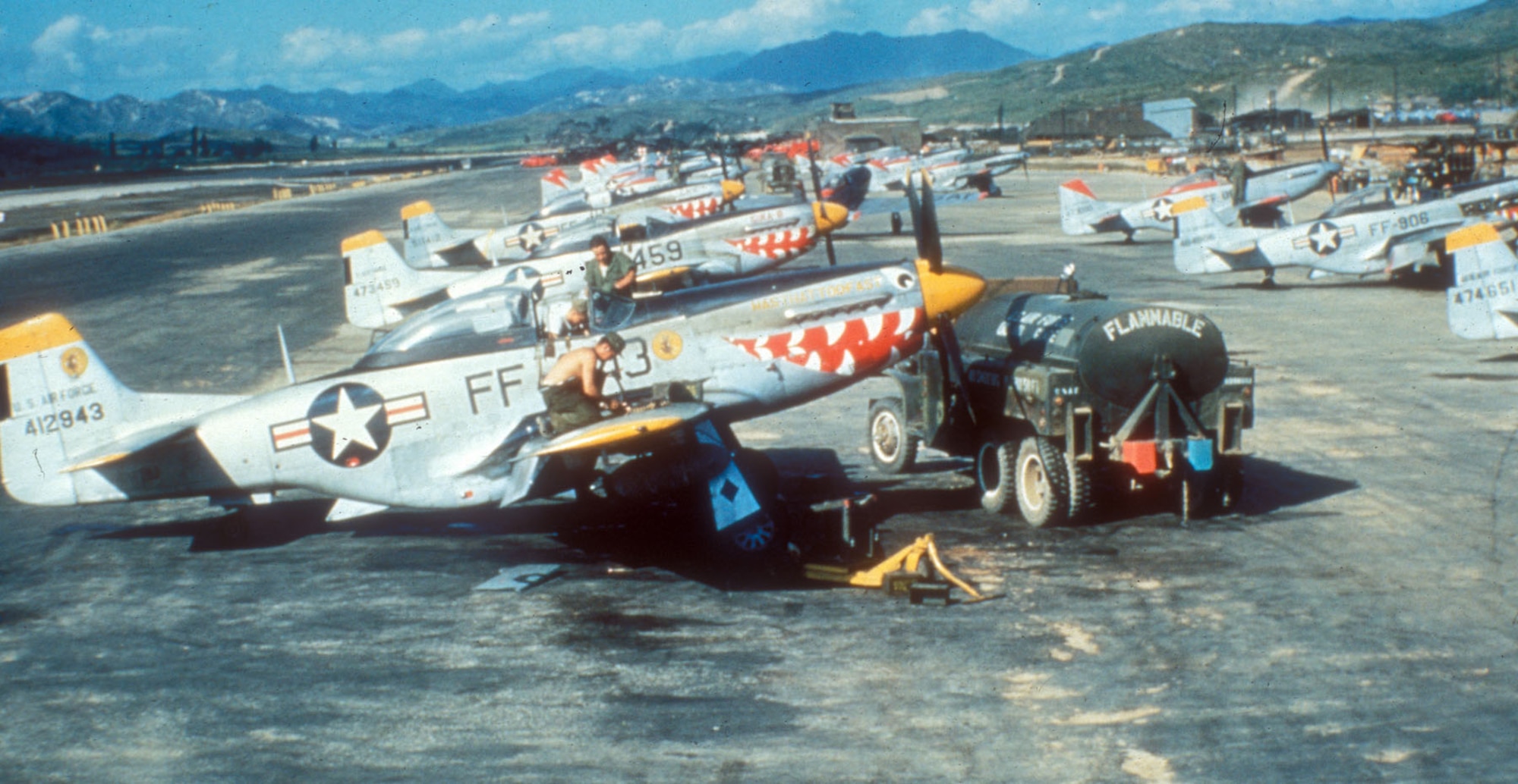 F-51D Mustangs on the flight line of a Korean airfield in 1952. (U.S. Air Force photo)