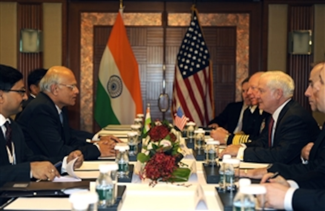 Secretary of Defense Robert M. Gates talks with Indian National Security Advisor Shiv Shankar Menon during a bi-lateral meeting at the 9th International Institute for Strategic Studies Security Summit: The Shangri-La Dialogues in Singapore on June 4, 2010.  