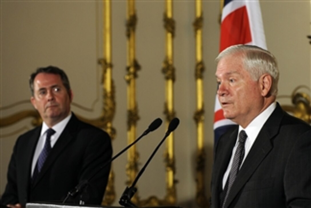 Secretary of Defense Robert M. Gates and British Defense Secretary Liam Fox hold a press conference in the Lancaster House in London on June 8, 2010.  