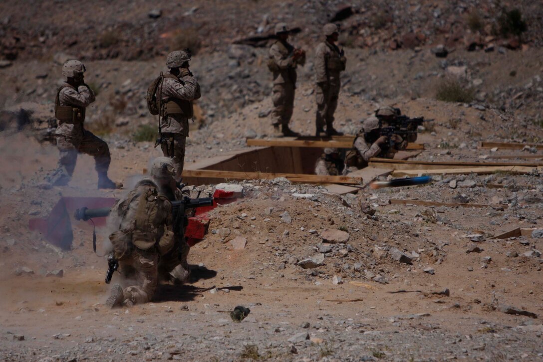 Private First Class Robert Edwards, a mortarman with Company D, 3rd Light Armored Reconnaissance Battalion, fires off a SMAW June 10 at Combat Center Range 410. The range is meant to train units on platoon sized attacks on fixed enemy positions.