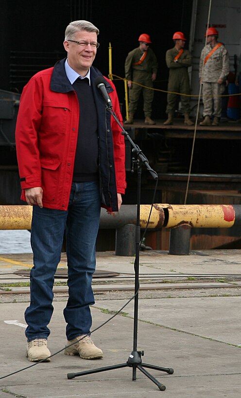 Latvian President Valdis Zatlers delivers a speech prior to a distinguished visitor event at several sites around the exercise Baltic Operations 2010 training areas here. In his speech, President Zatlers praised the efforts of the Marines and Sailors of 4th Landing Support Battalion and Naval Beach Group 2, as well as members of the Armed Forces of Latvia, local port authorities, and Latvian contractors, who have been working together with U.S. forces to conduct maritime preposition force offload operations and other training events here since the start of the exercise June 6.