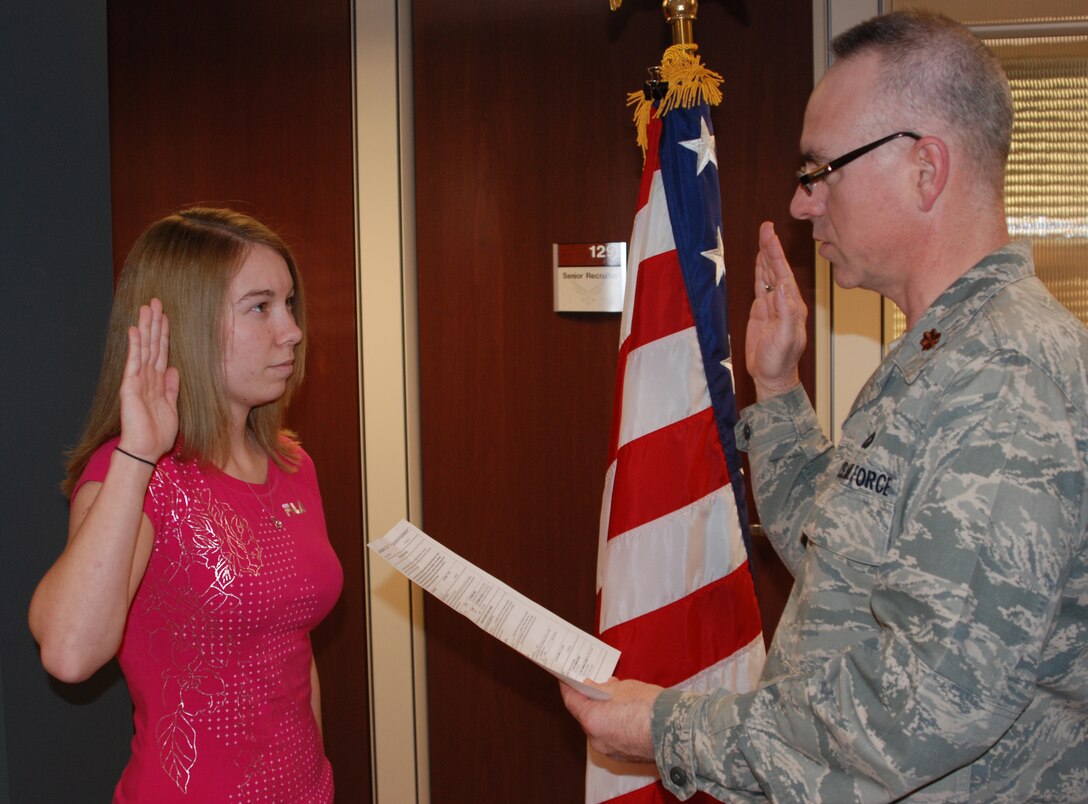 Airman basic Candis Sobol took the oath of enlistment recently and will be joining the 932nd Maintenance Group after technical school. Photo submitted by the 932nd Airlift Wing Recruiting Office.