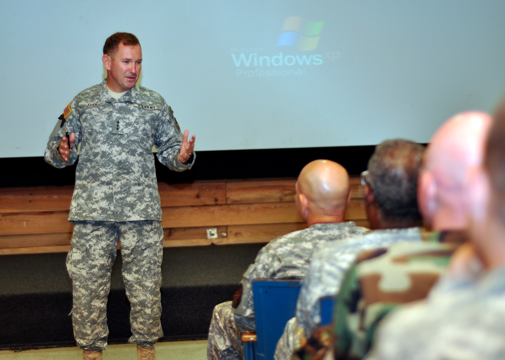 Lieutenant General P. K. (Ken) Keen, Military Deputy Commander of U.S. Southern Command, talks to members of Joint Task Force-Bravo at Soto Cano Air Base, Honduras June 9 during an Officer Professional Development meeting in the base theater. General Keen shared lessons learned from his experiences as the commander of Joint Task Force-Haiti and being a part of the disaster relief efforts there following the Haiti earthquake. (U.S. Air Force photo by Staff Sgt. Bryan Franks)