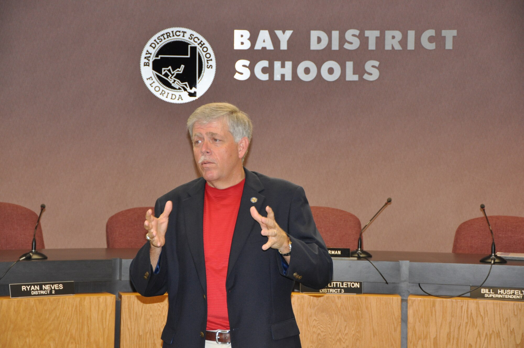 Bill Husfelt, Bay County School District superintendent, talks during a recognition ceremony for Tyndall Air Force Base members who volunteered in the Bay County School Mentoring Program June 10 at the Nelson School District Building, Panama City.  (U.S. Air Force photo by Senior Airman Anthony J. Hyatt)