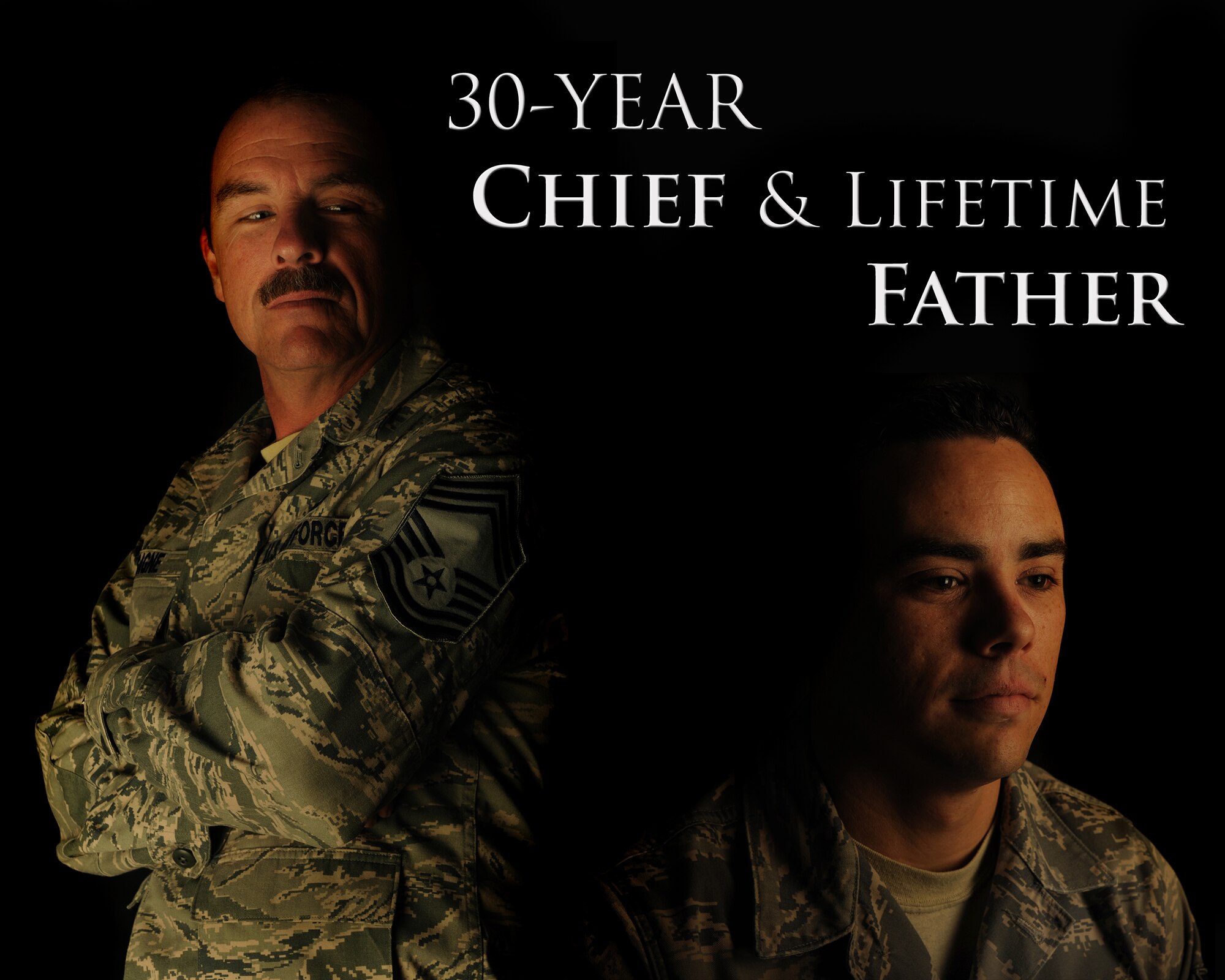 MOODY AIR FORCE BASE, Ga. -- Staff Sgt. Nicholas Gagne, 23rd Communications Squadron network infrastructure, had the opportunity to have a close mentorship with his father, Chief Master Sgt. Darryl Gagne, 23rd Component Maintenance Squadron superintendent, during their time stationed together at Moody. Chief Gagne is retiring from the Air Force after 30 years of service. Sergeant Gagne said it was a privilege to be stationed with his father during the last few years of Chief Gagne's career. (U.S. Air Force photo illustration by Airman 1st Class Benjamin Wiseman/RELEASED)