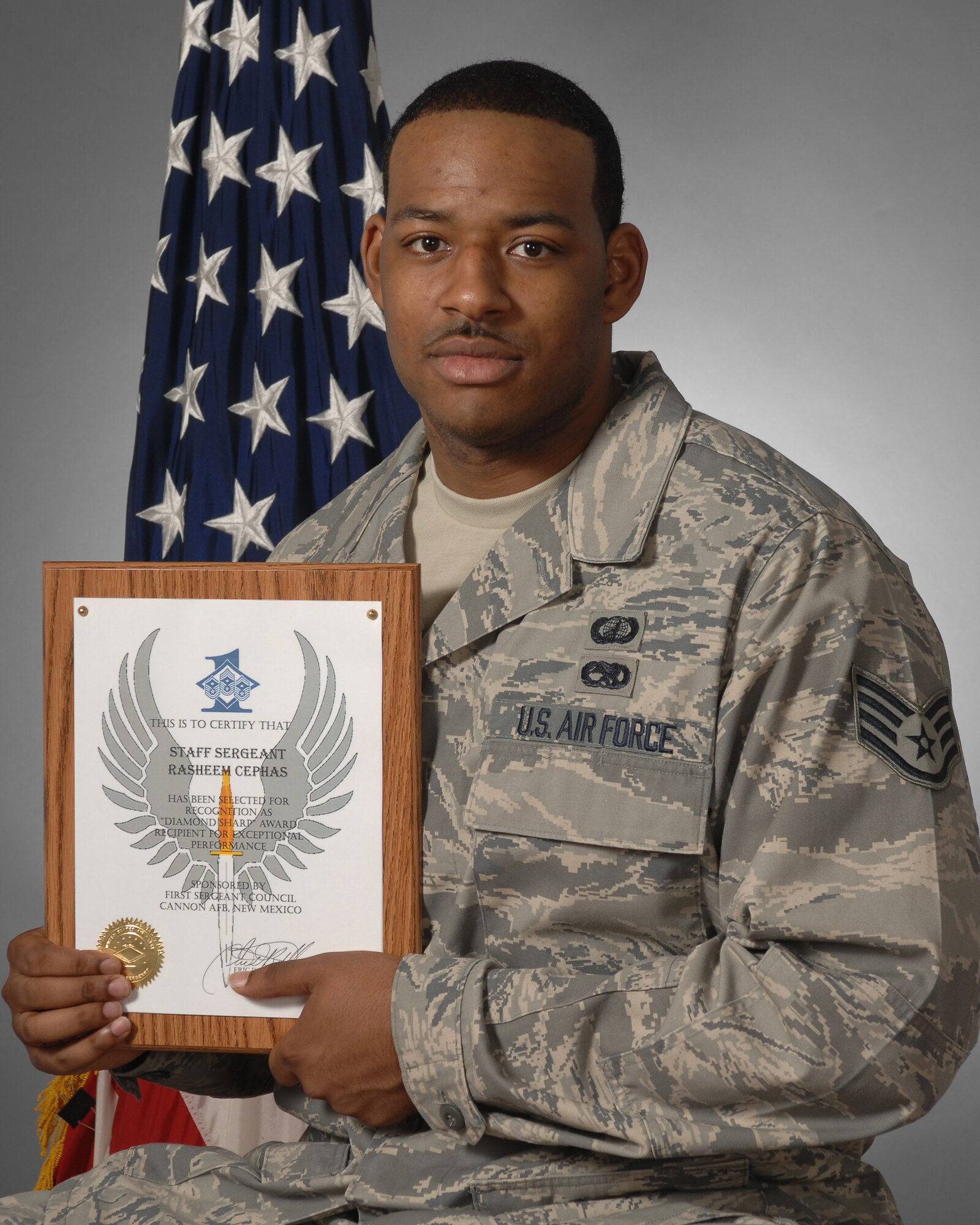 Staff Sgt. Rasheem Cephas, 27th Special Operations Comptroller Squadron, is one of the 27th Special Operations Wing Diamond Sharp winners for May. Diamond Sharp awards are sponsored by the wing's first sergeants and recognize individuals who display a positive, "can do" attitude and maintain a sterling military image on and off duty.  (U.S. Air Force photo by Airman First Class Maynelinne De La Cruz) 
