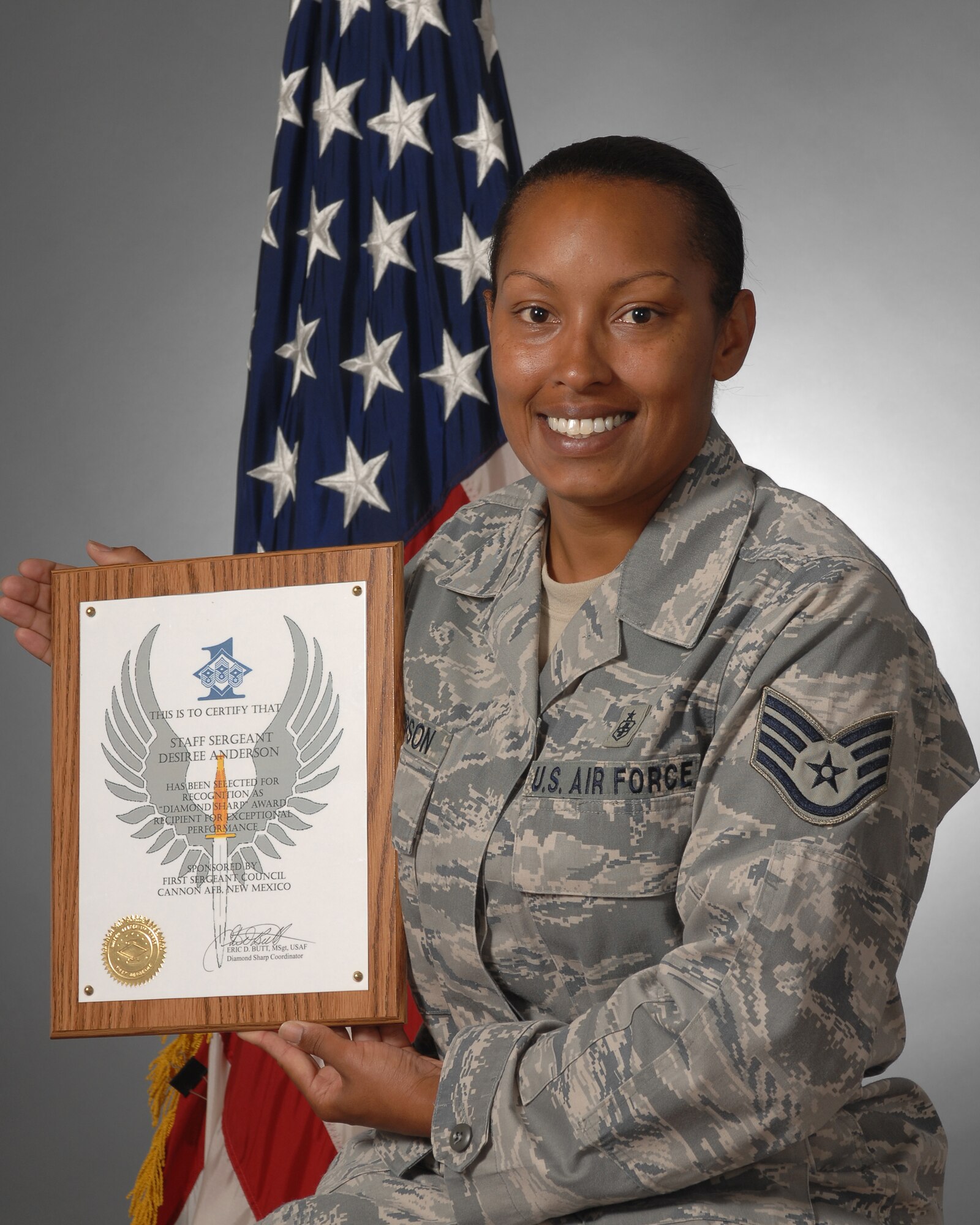 Staff Sgt. Desiree Anderson, 27th Special Operations Aerospace Medicine Squadron, is one of the 27th Special Operations Wing's  Diamond Sharp winners for May.  The awards are sponsored by first sergeants and recognize an Airman's stellar performance, attitude and appearance. (U.S. Air Force photo by Airman First Class Maynelinne De La Cruz) 
