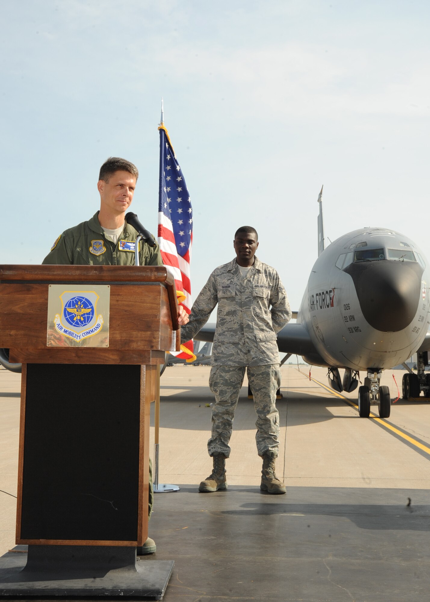 Lt. Col. Paul J. Scott, 22nd Operations Support Squadron commander, speaks to Team McConnell Airmen after accepting his role as the new commander of the 22nd Operations Support Squadron, June 4, 2010, McConnell Air Force Base, Kan.  Colonel Scott assumed command from Lt. Col. Robert Mallets.  The 22nd Operations Support Squadron provides airfield management, air traffic control, intelligence, combat crew communications, base weather service, mission scheduling, planning and combat tactics at McConnell. (U.S. Air Force photo/ Senior Airman Maria Ruiz)