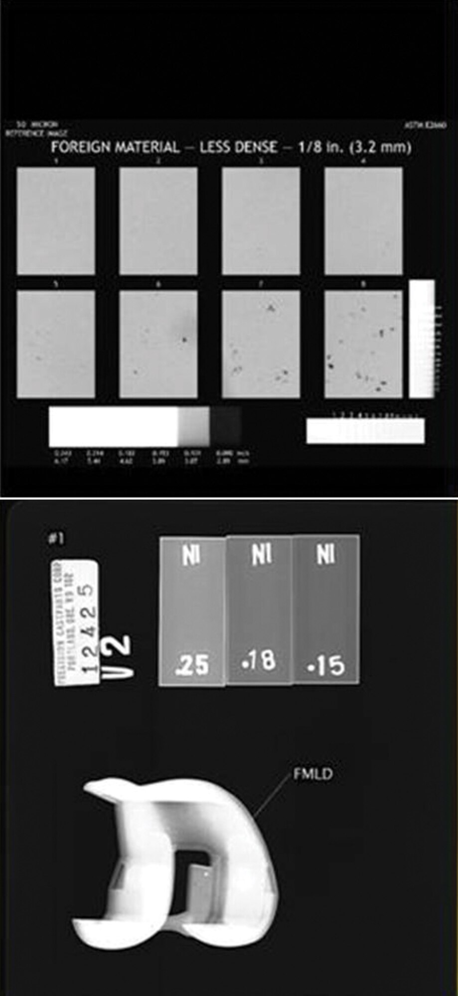 A government/industry collaboration triggered the transition from film-based to digital radiographic inspection of aerospace castings.  Endorsed by ASTM International, the newly standardized method saves both money and time.  Pictured is a standard reference image (top) displayed alongside a production radiograph (bottom). (AFRL image)