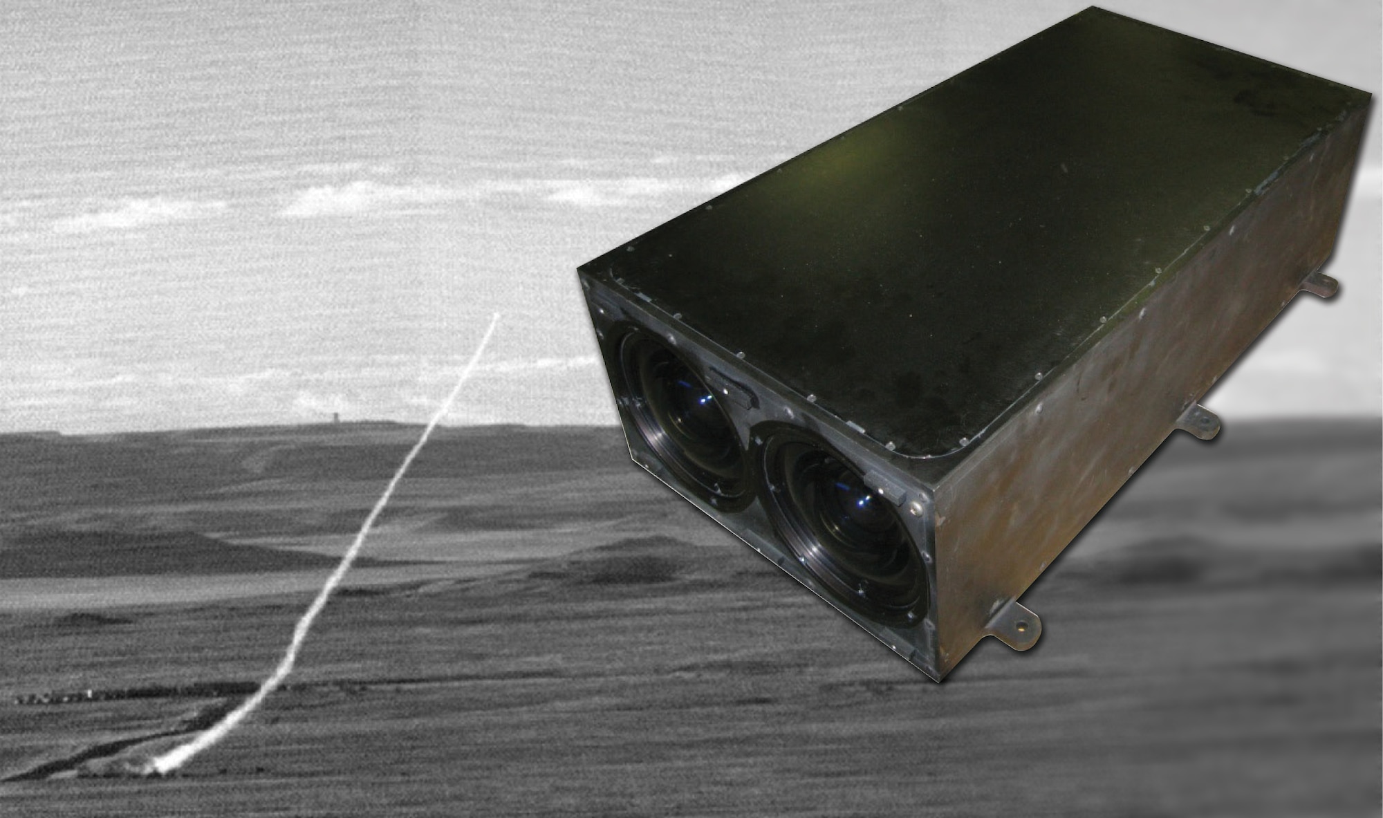 A surface-to-air missile launches during testing at Tonopah Test Range, Nevada (pictured left).  AFRL's Vigilant Sentinel missile warning 
sensor (pictured right) underwent successful demonstration during these tests. (AFRL image)