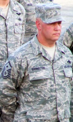 Master Sgt. Robert E. Bannister, first sergeant for the 380th Expeditionary Force Support Squadron, stands in the lead position of a formation for a 380th Air Expeditionary Wing retreat ceremony May 21, 2010, at a non-disclosed base in Southwest Asia. Sergeant Bannister is deployed from the Montana Air National Guard?s 120th Logistics Readiness Squadron, 120th Fighter Wing at Great Falls. His hometown is also Great Falls, Mont. (U.S. Air Force Photo/Master Sgt. Scott T. Sturkol/Released)