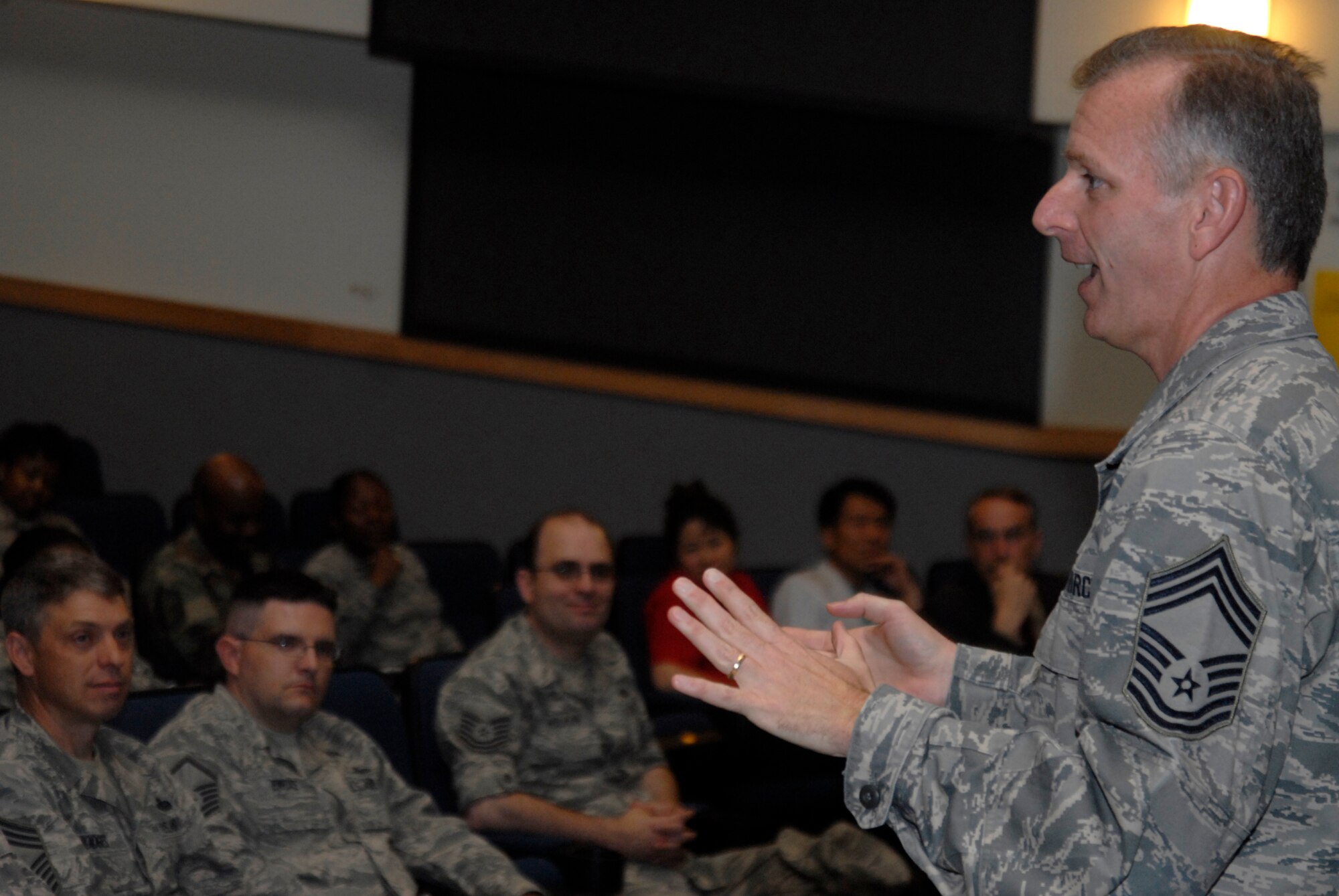 Chief Master Sgt. Jeffry Helm, Army Air Force Exchange Services senior enlisted advisor, spoke and answered questions from the 8th Fighter Wing Airmen at Kunsan Air Base, Republic of Korea on June 8.  Sergeant Helm provided information to the audience about the types of services AAFES provides throughout the military. (U.S. Air Force Photo/Staff Sgt. Darnell T. Cannady)