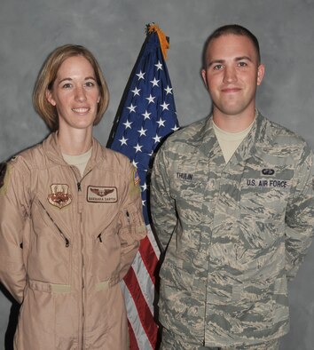 Senior Airman Timothy Thulin (right), 380th Expeditionary Contracting Squadron is 1st Lt. Barbara Sartin's (left), 963rd Expeditionary Airborne Air Control Squadron, little brother. Both Airmen are deployed to the same undisclosed locaton in Southwest Asia June 10, 2010. (U.S. Air Force photo/Master Sgt. Scott Sturkol/Released)