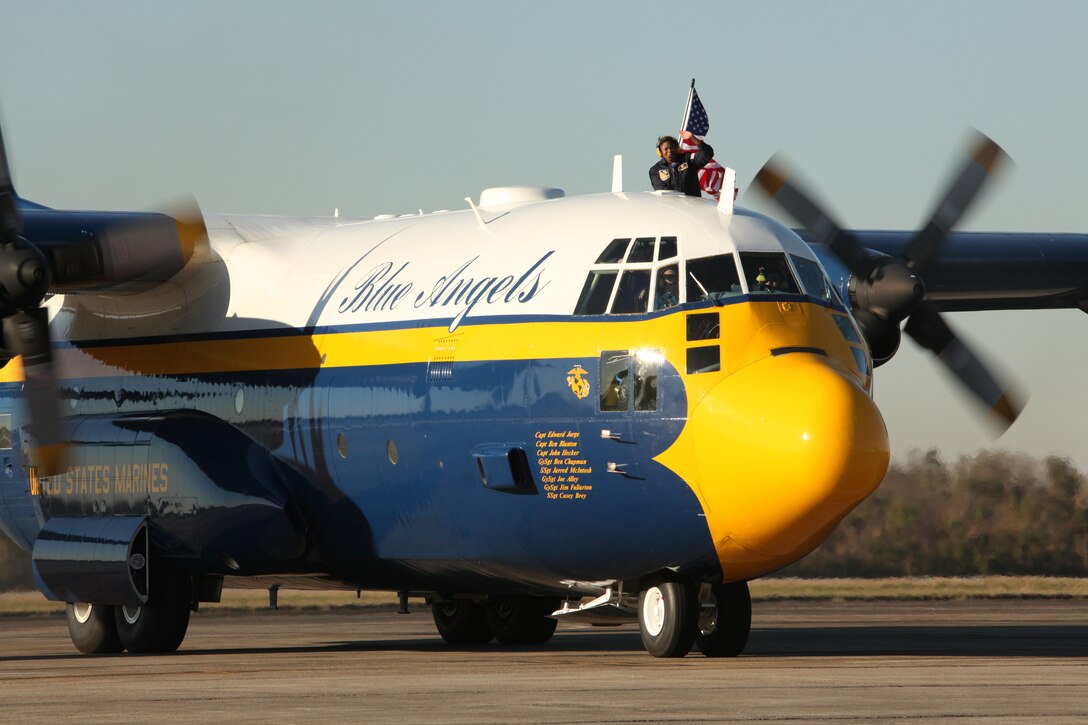 The Blue Angels’ C-130T, also known as “Fat Albert,” taxis at Naval Air Station Joint Reserve Base, Belle Chase, on the way to deliver toys for the Marine Corps Reserve Toys for Tots drive Dec. 2. The Blue Angels dropped off about 1,000 toys that day.