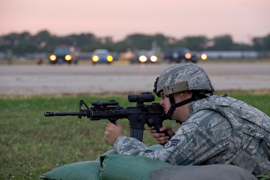 BARKSDALE AIR FORCE BASE, La. ? Senior Airman Jason Lilly, 2d Security Forces Squadron, provides security for the airfield during a nuclear operational readiness exercise here June 10. The exercise is being held to prepare Barksdale Airmen for the upcoming nuclear operational readiness inspection. (U.S. Air Force photo/Senior Airman Chad Warren)