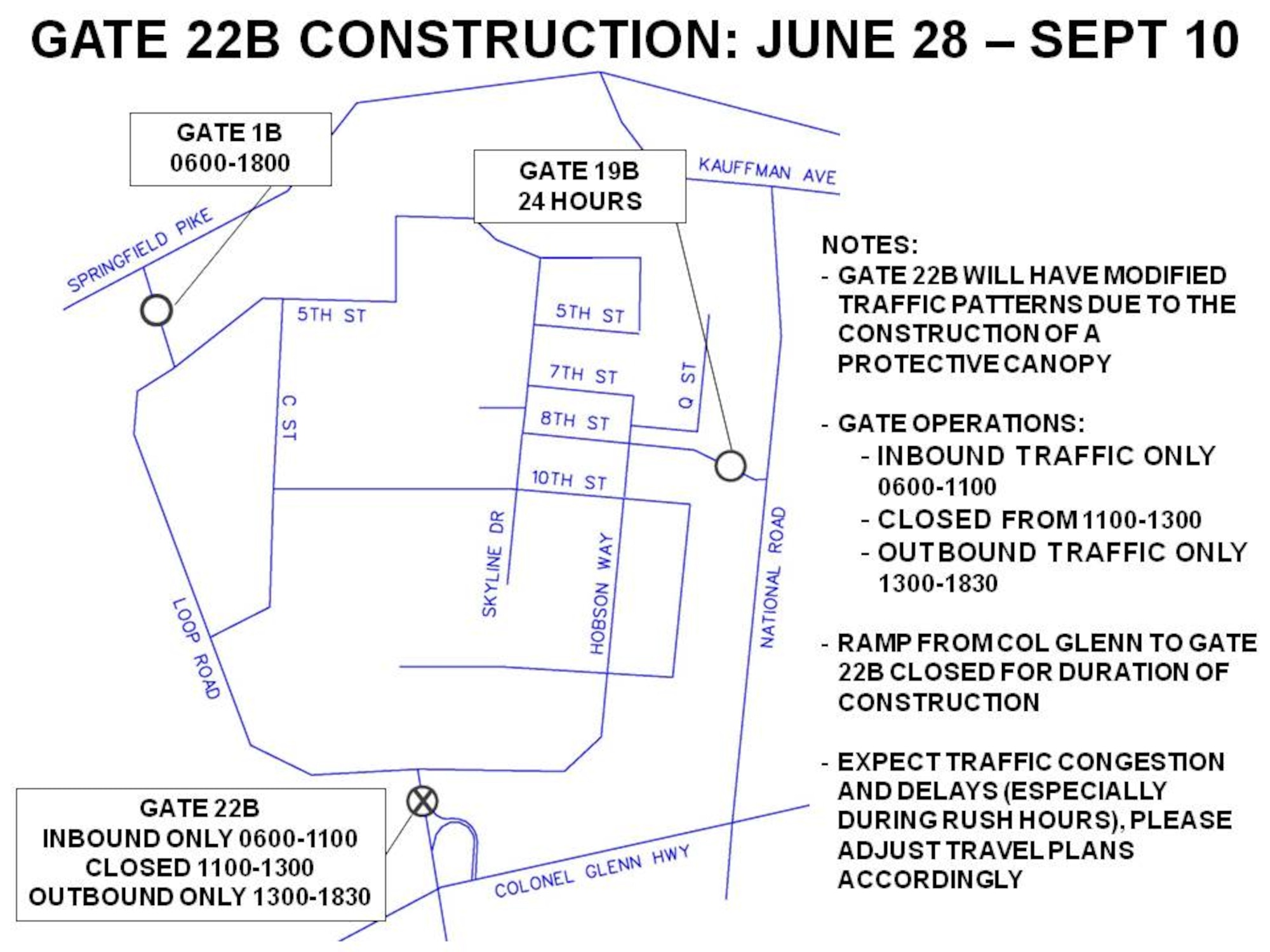Gate 22B (I-675) here in Area B is set to partially close as new overhead canopies and guard booths are installed beginning on Jun 28.