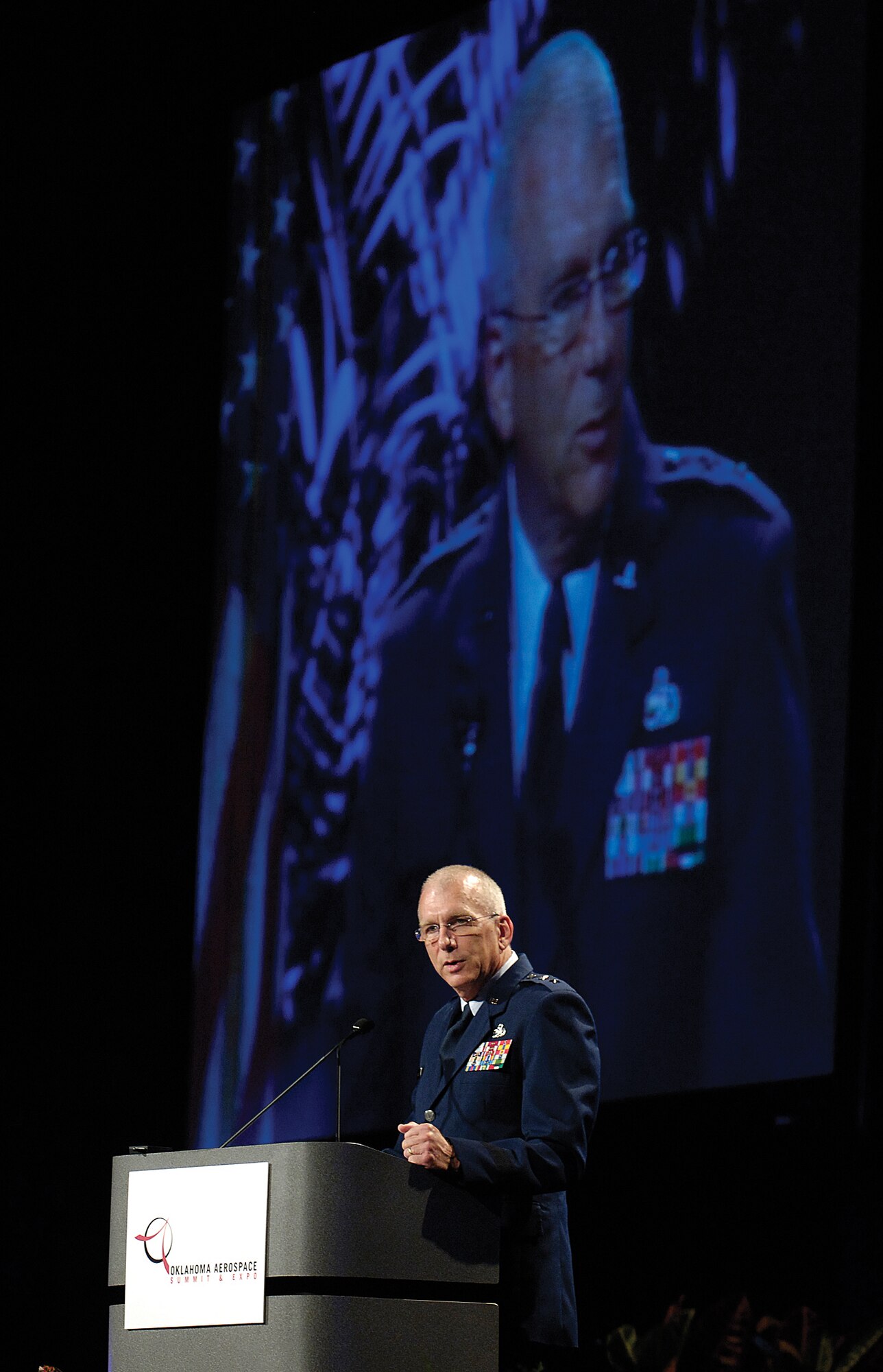 Maj. Gen. David Gillett, Oklahoma City Air Logistics Center commander, speaks at the Cox Convention Center in Oklahoma City during the Aerospace Summit.(Air Force photo by Margo Wright)