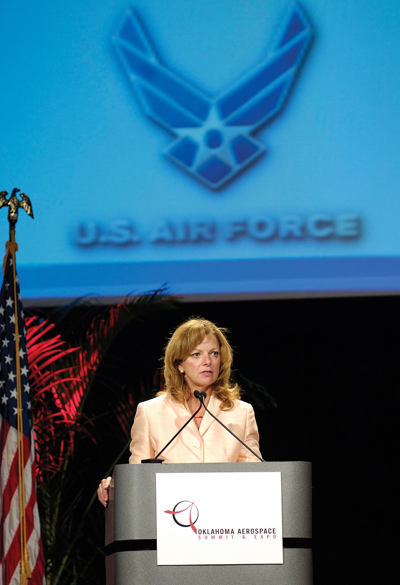 Debra Tune, principal deputy assistant secretary of the Air Force for Installation, Environmental and Logistics, spoke at the Cox Convention Center in downtown Oklahoma City during the Oklahoma Aerospace Summit held June 1-4. The annual event is attended by aerospace industry leaders and senior Air Force officials. Along with Ms. Tune; Lt. Gen. David Deptula, deputy chief of staff for Intelligence, Surveillance and Reconnaissance at the U.S. Air Force Headquarters in Washington, D.C.; and Maj. Gen. David Gillett, Oklahoma City Air Logistics Center commander, spoke about current and future Air Force challenges and objectives. (Air Force photo by Margo Wright)