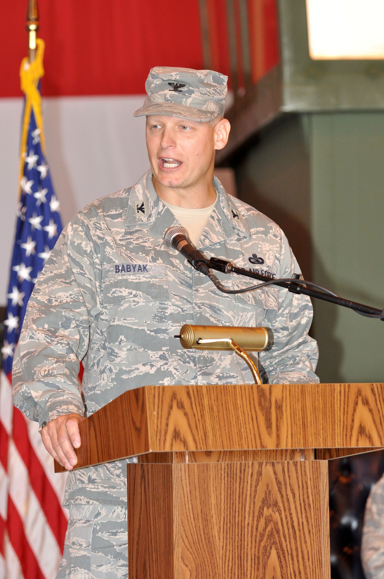 The new commander of the 3rd Combat Communications Group, Col. David Babyak, addresses those assembled for the change of command ceremony June 7. (Air Force photo by Dave Faytinger)
